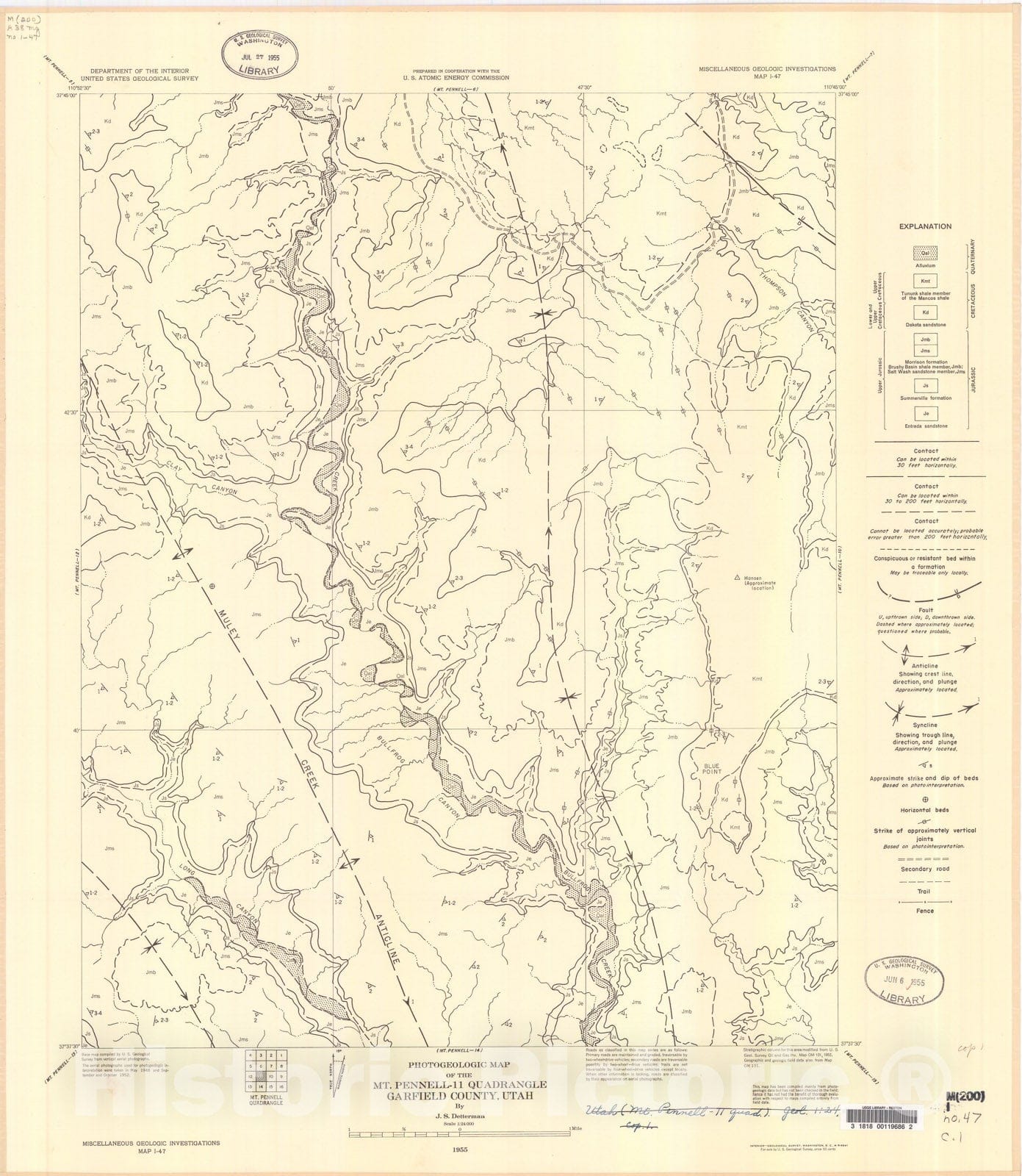 Map : Photogeologic map of the Mt. Pennell-11 quadrangle, Garfield County, Utah, 1955 Cartography Wall Art :