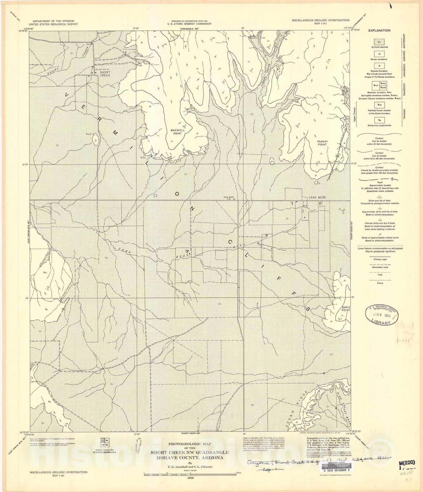 Map : Photogeologic map of the Short Creek NW quadrangle, Mohave County, Arizona, 1956 Cartography Wall Art :