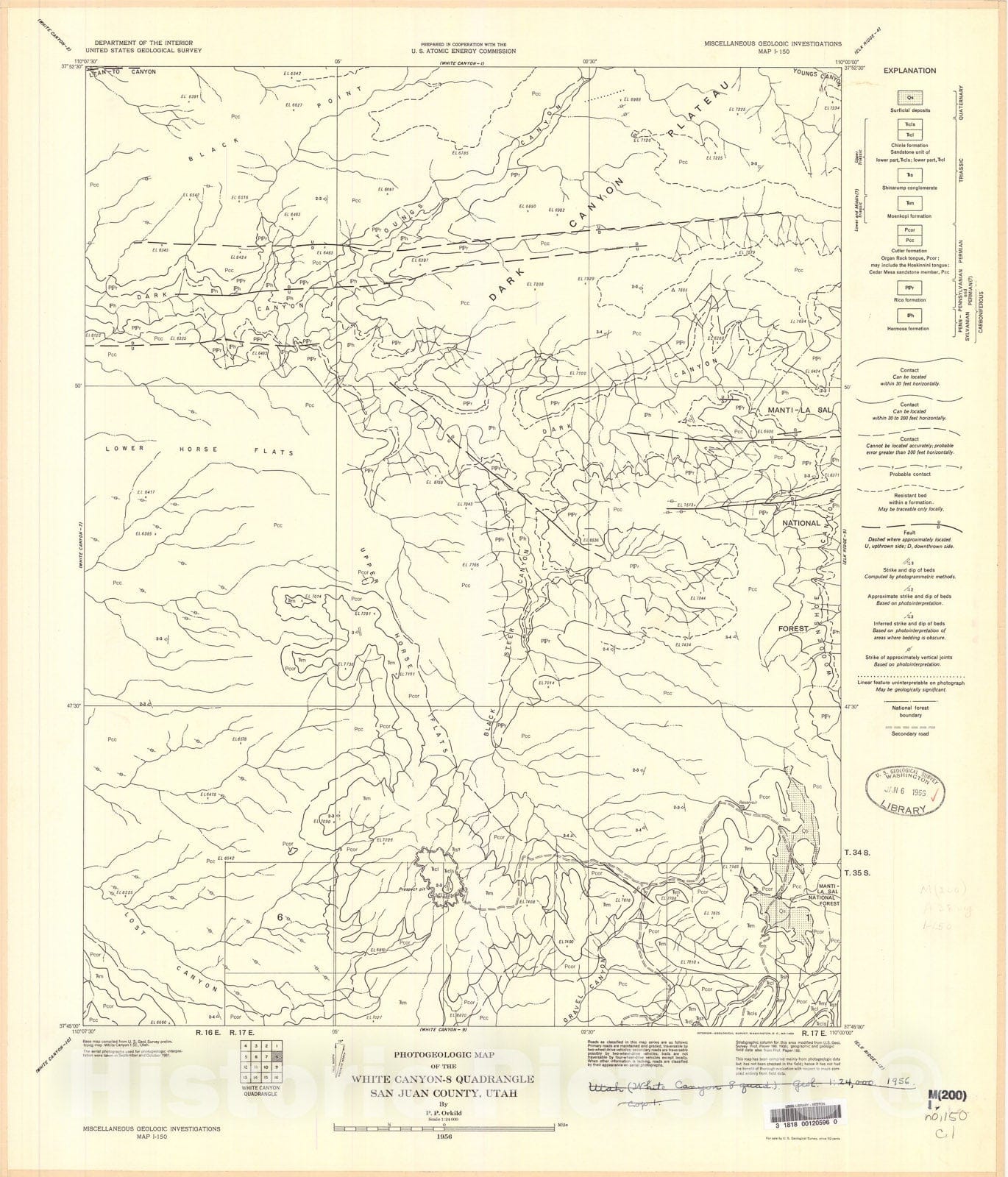 Map : Photogeologic map of the White Canyon-8 quadrangle, San Juan County, Utah, 1956 Cartography Wall Art :