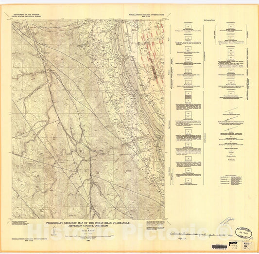 Map : Preliminary geologic map of the Indian Hills quadrangle, Jefferson County, Colorado, 1961 Cartography Wall Art :