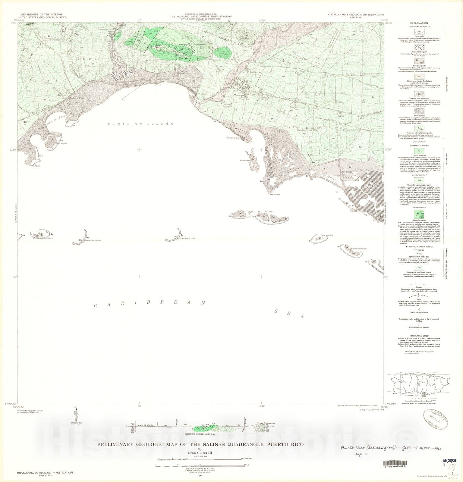 Map : Preliminary geologic map of the Salinas quadrangle, Puerto Rico, 1961 Cartography Wall Art :
