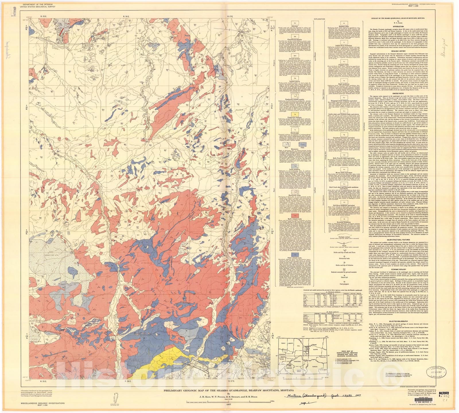 Map : Preliminary geologic map of the Shambo quadrangle, Bearpaw Mountains, Montana, 1957 Cartography Wall Art :