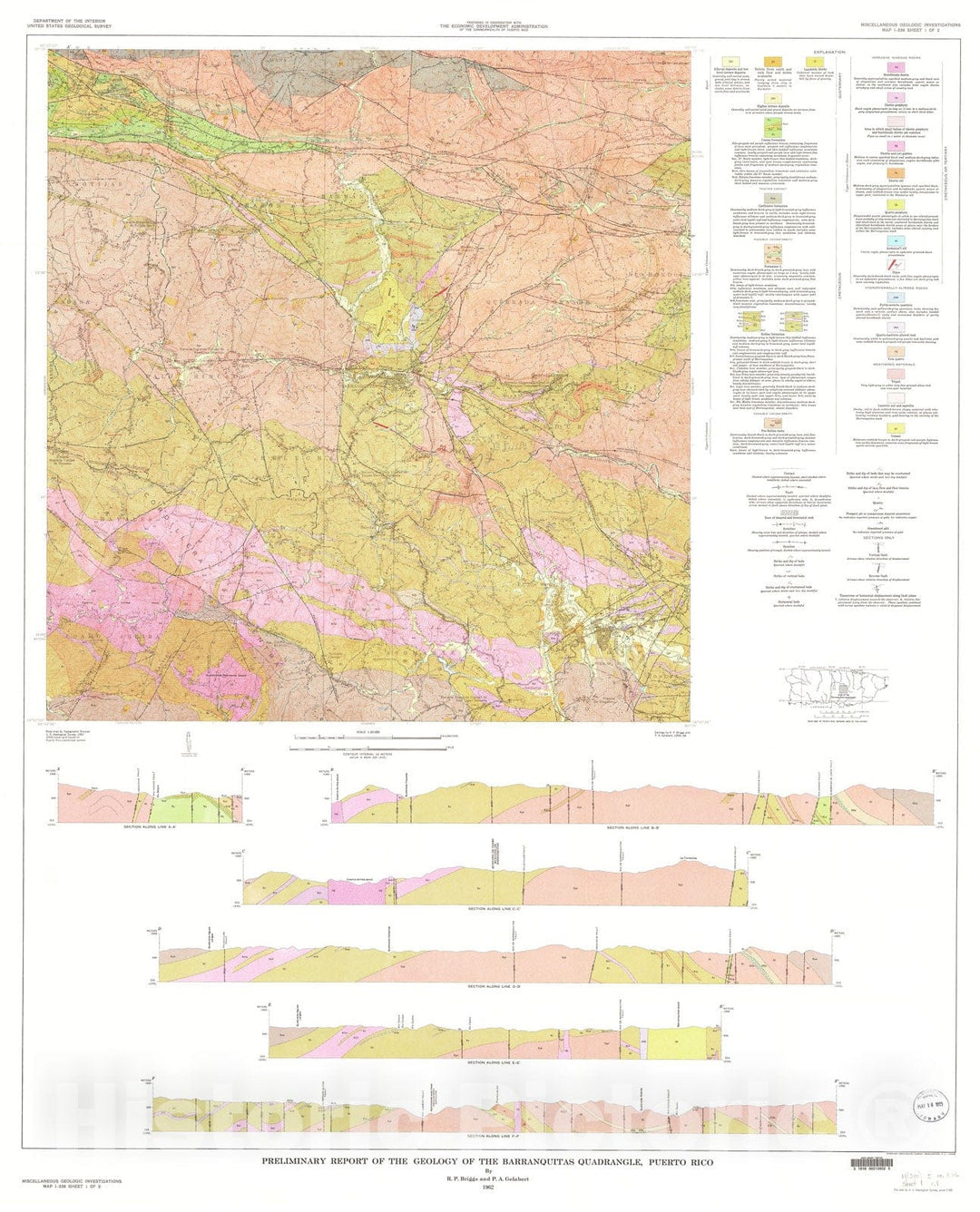 Map : Preliminary report on the geology of the Barranquitas quadrangle, Puerto Rico, 1962 Cartography Wall Art :
