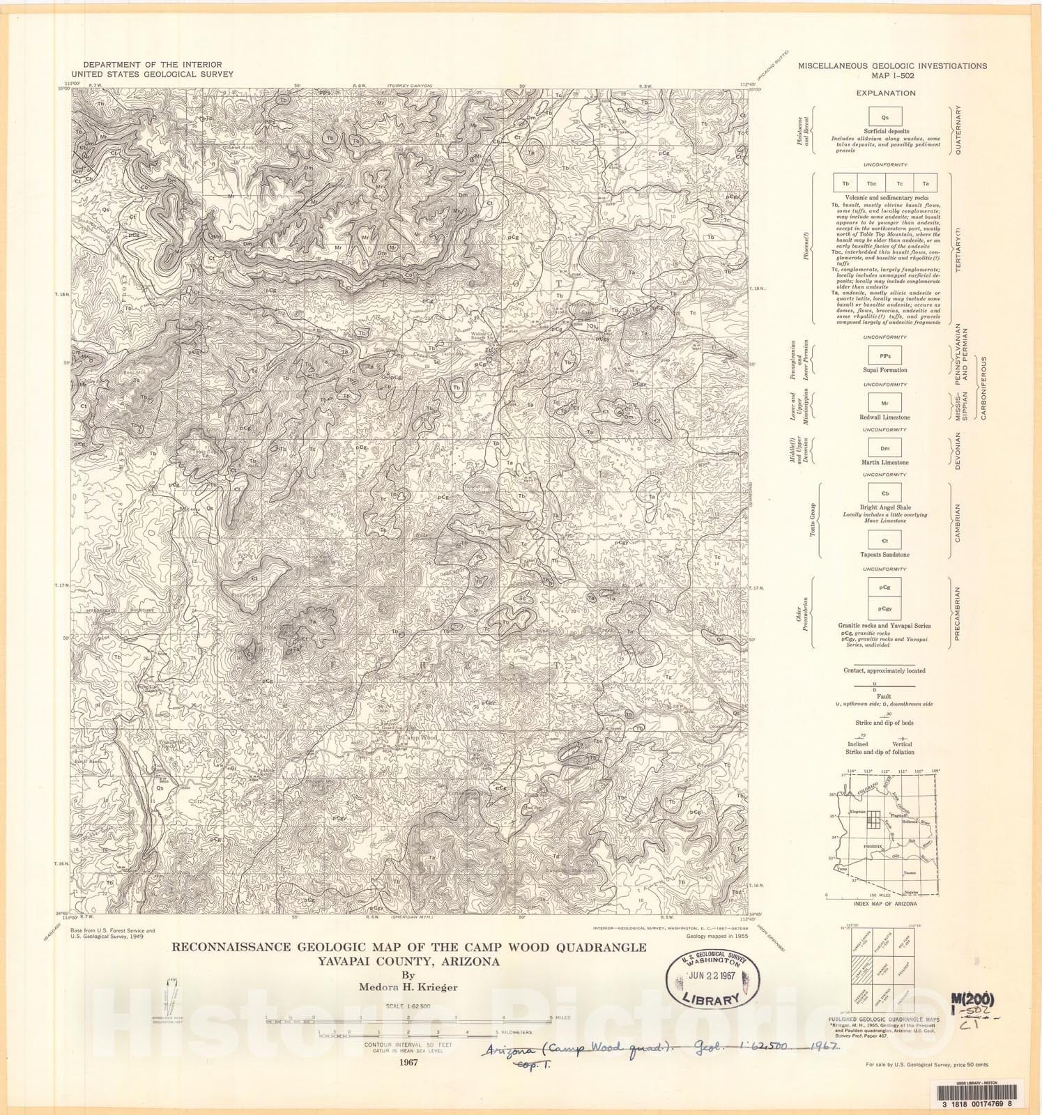 Map : Reconnaissance geologic map of the Camp Wood quadrangle, Yavapai County, Arizona, 1967 Cartography Wall Art :