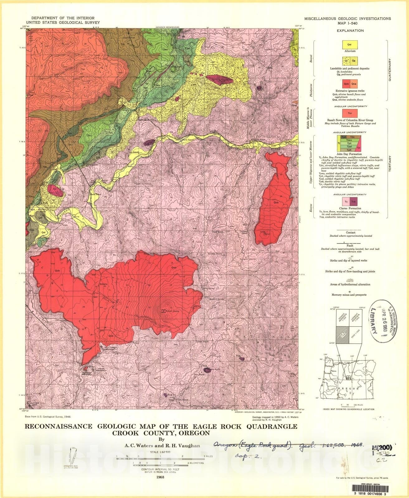 Map : Reconnaissance geologic map of the Eagle Rock quadrangle, Crook County, Oregon, 1968 Cartography Wall Art :