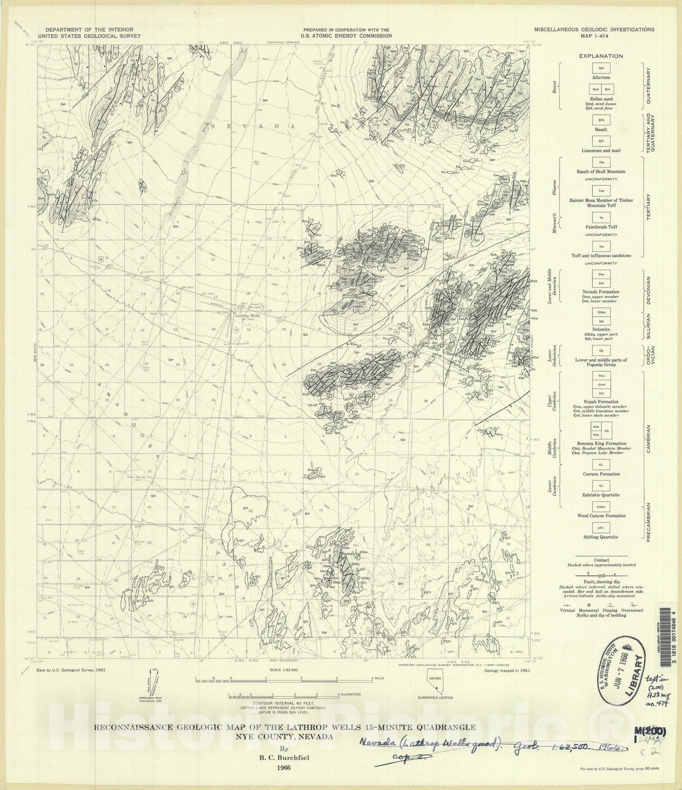 Map : Reconnaissance geologic map of the Lathrop Wells 15-minute quadrangle, Nye County, Nevada, 1966 Cartography Wall Art :