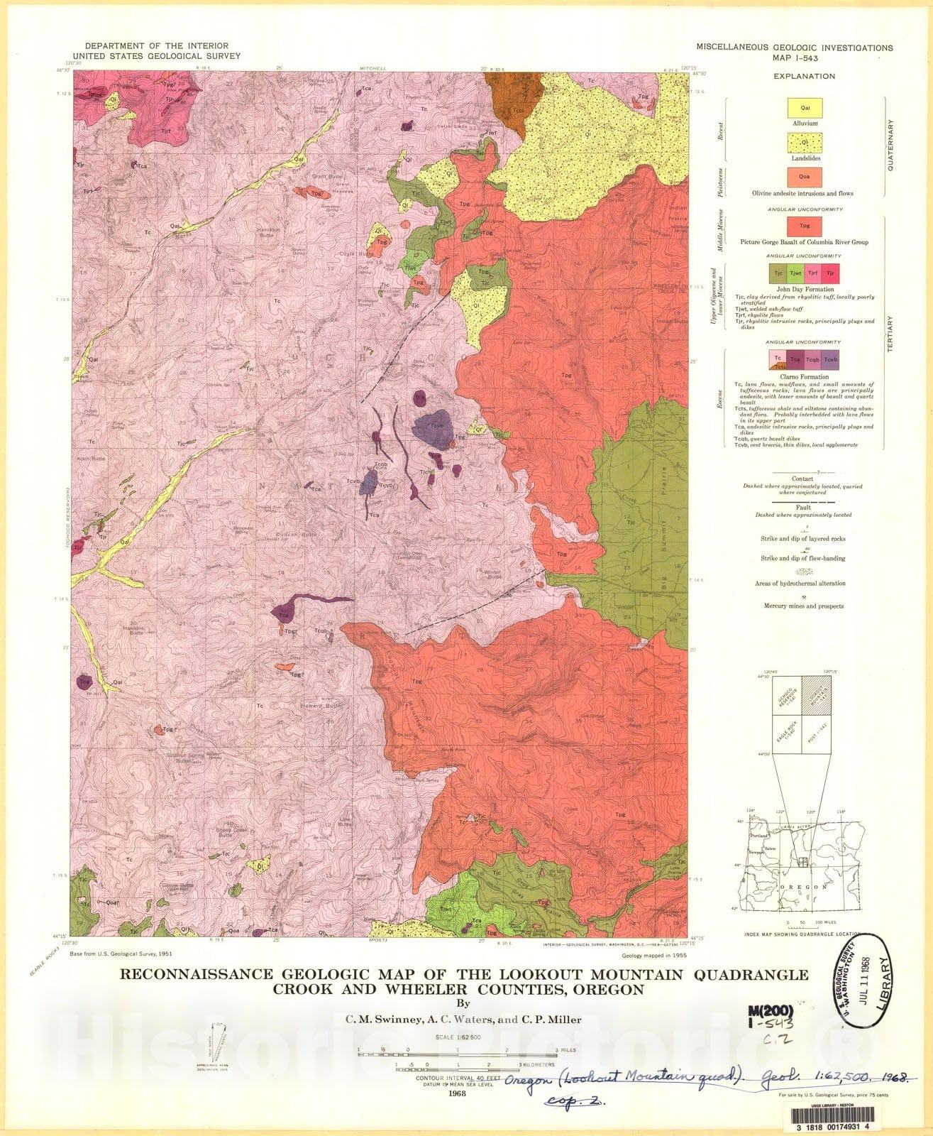 Map : Reconnaissance geologic map of the Lookout Mountain quadrangle, Crook and Wheeler Counties, Oregon, 1968 Cartography Wall Art :