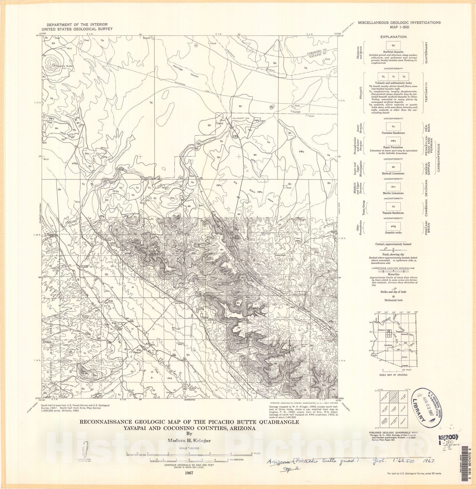 Map : Reconnaissance geologic map of the Picacho Butte quadrangle, Yavapai and Coconino Counties, Arizona, 1967 Cartography Wall Art :