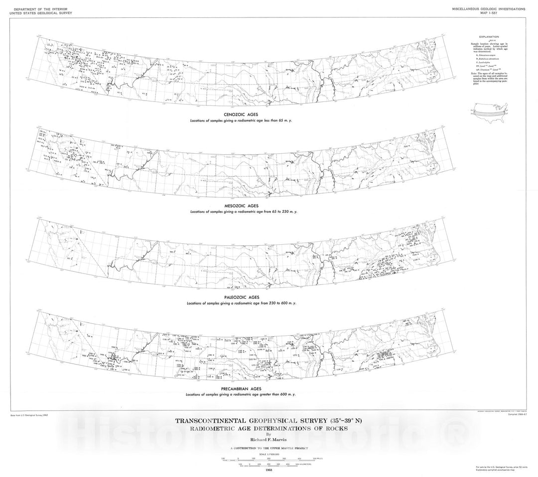 Map : Transcontinental geophysical survey (35 degrees - thirty-nine degrees N): Radiometric age determinations of rocks, 1968 Cartography Wall Art :