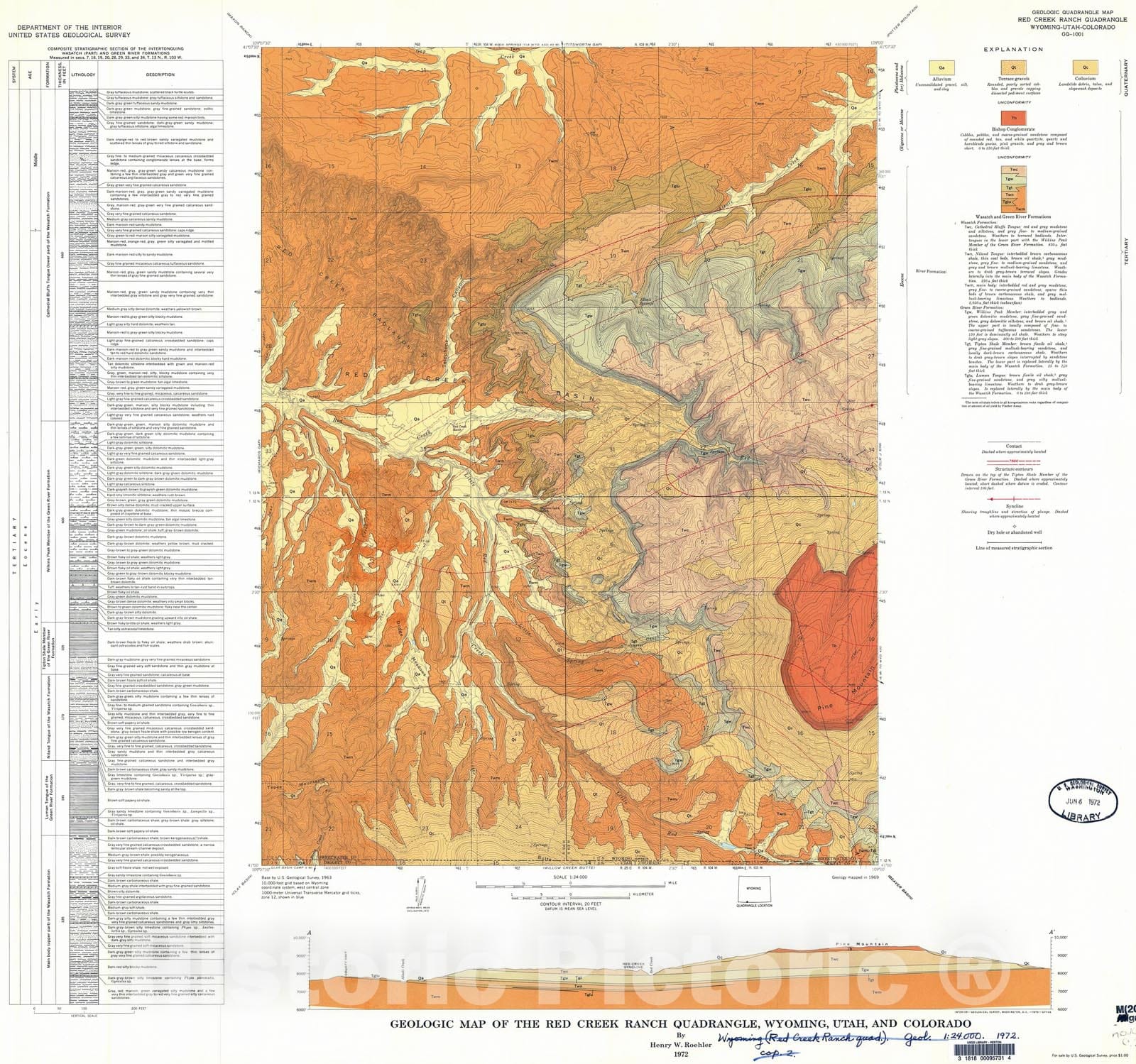 Map : Geologic map of the Red Creek Ranch quadrangle, Wyoming, Utah, and Colorado, 1972 Cartography Wall Art :