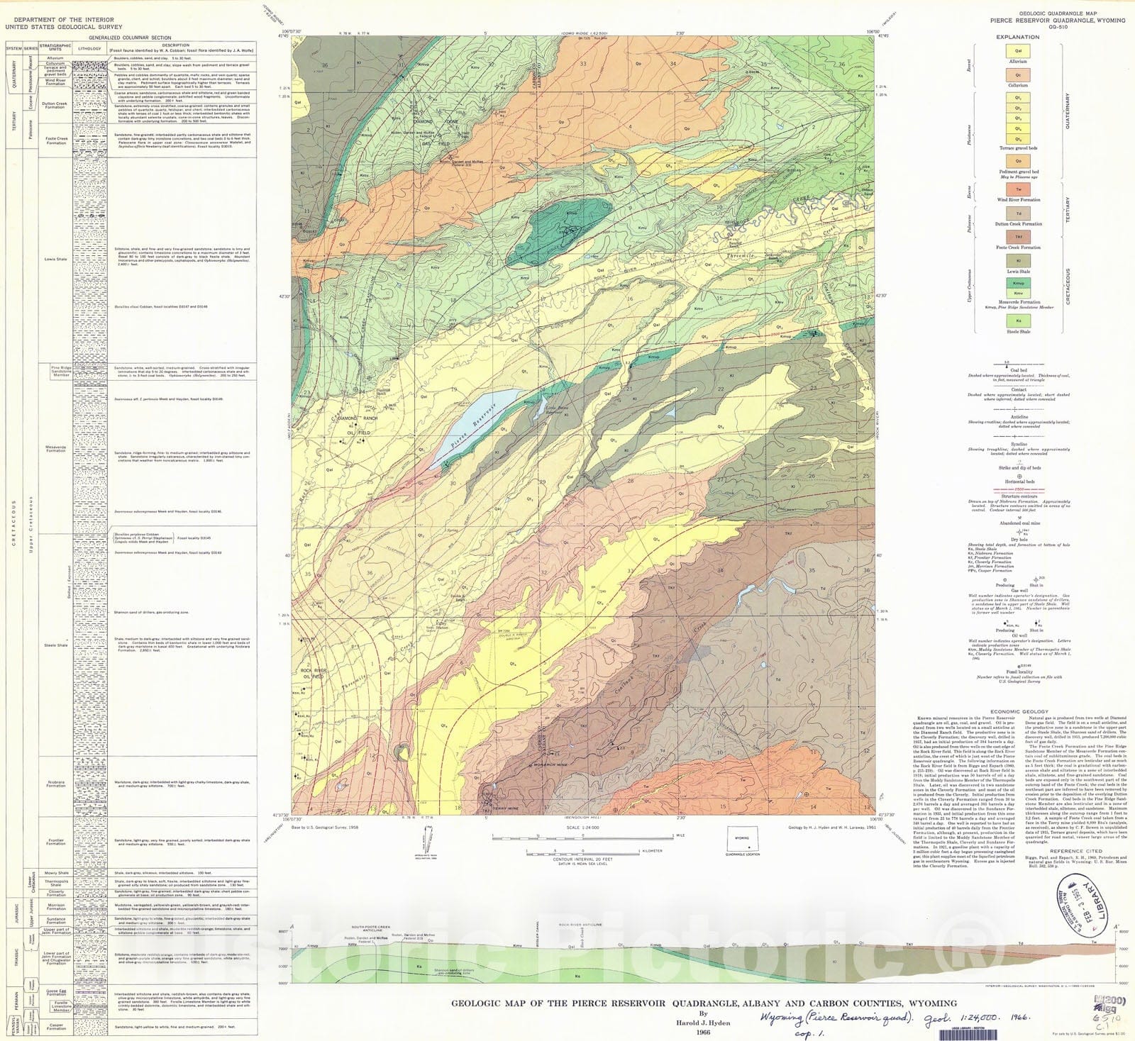 Map : Geologic map of the Pierce Reservoir quadrangle, Albany and Carbon Counties, Wyoming, 1966 Cartography Wall Art :