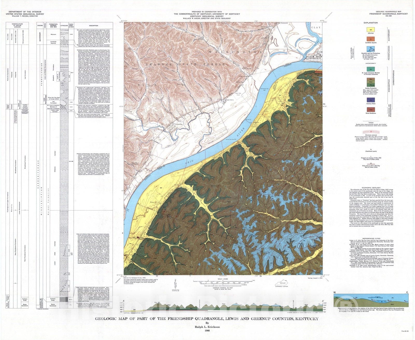 Map : Geologic map of part of the Friendship quadrangle, Lewis and Greenup Counties, Kentucky, 1966 Cartography Wall Art :