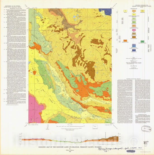 Map : Geologic map of the Kisinger Lakes quadrangle, Fremont County, Wyoming, 1966 Cartography Wall Art :