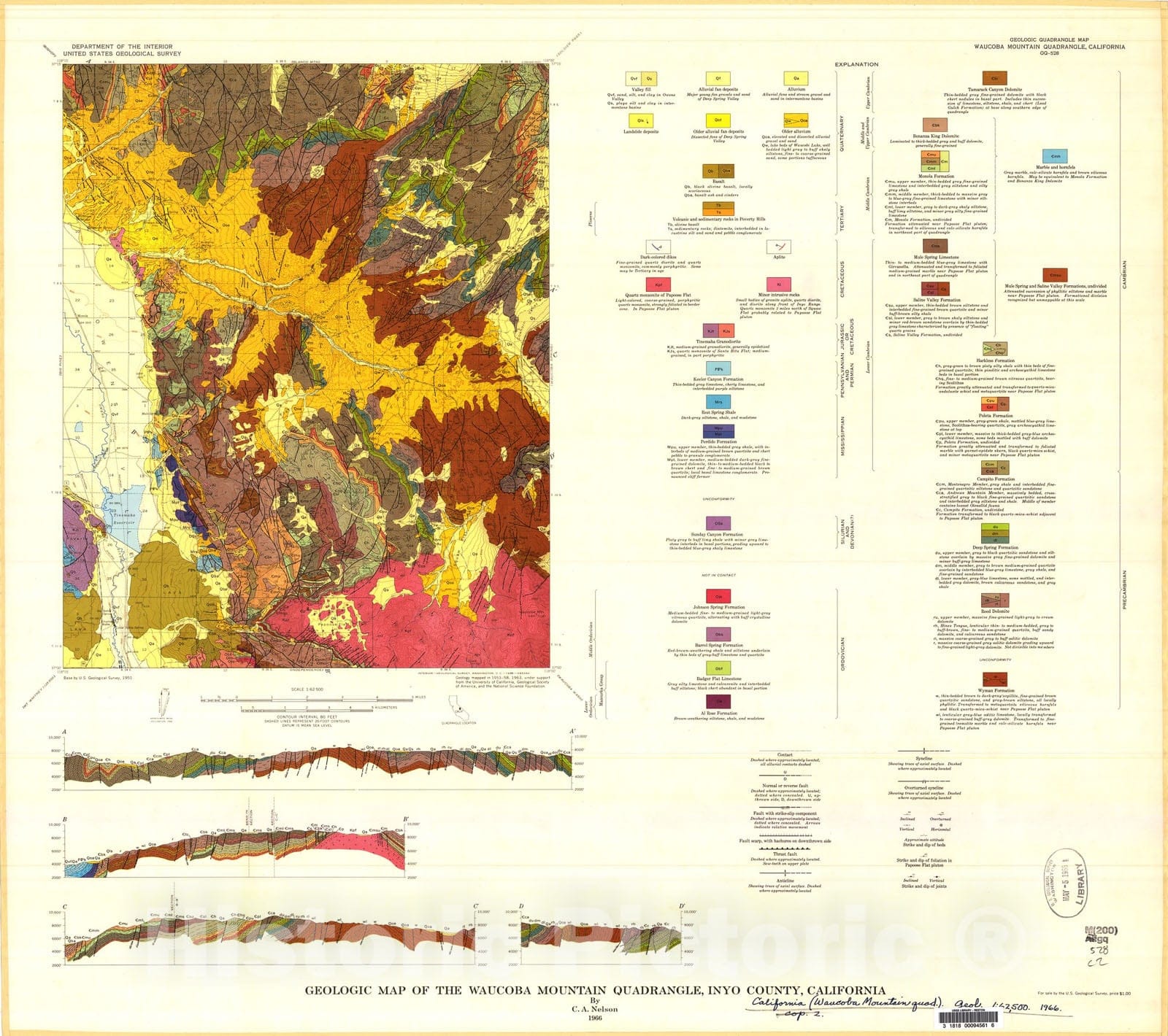 Map : Geologic map of the Waucoba Mountain quadrangle, Inyo County, California, 1966 Cartography Wall Art :