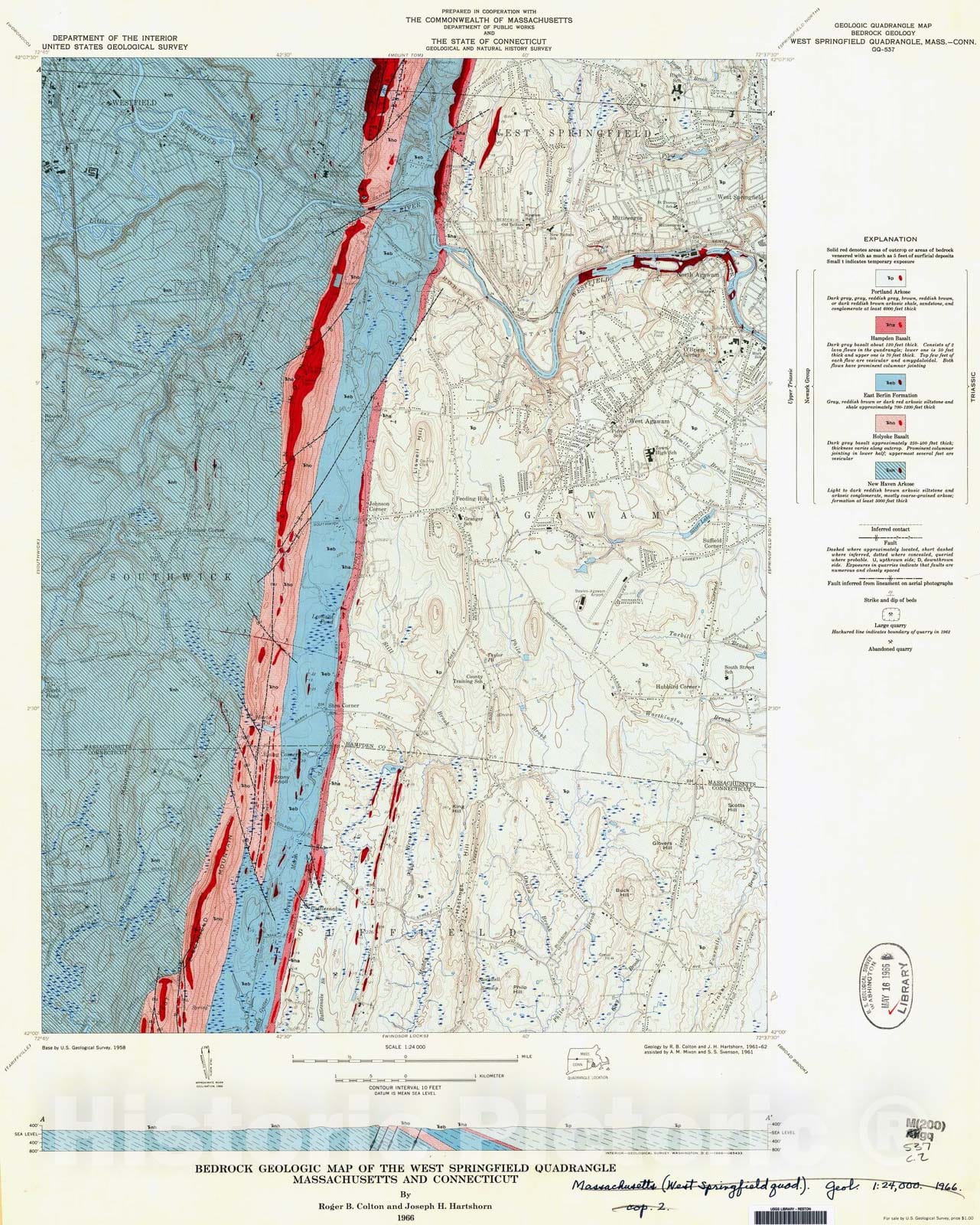 Map : Bedrock geologic map of the West Springfield quadrangle, Massachusetts and Connecticut, 1966 Cartography Wall Art :