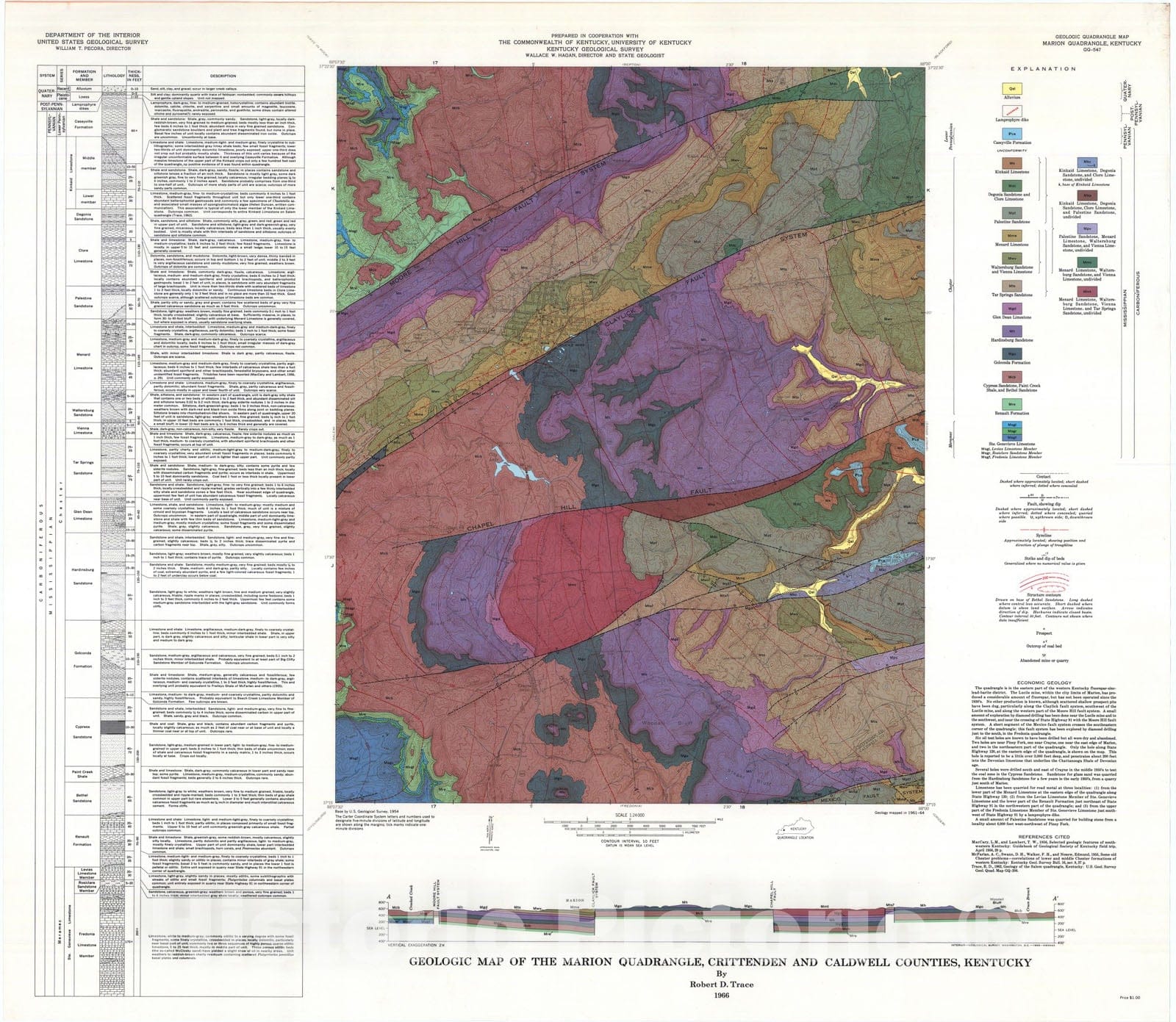 Map : Geologic map of the Marion quadrangle, Crittenden and Caldwell Counties, Kentucky, 1966 Cartography Wall Art :