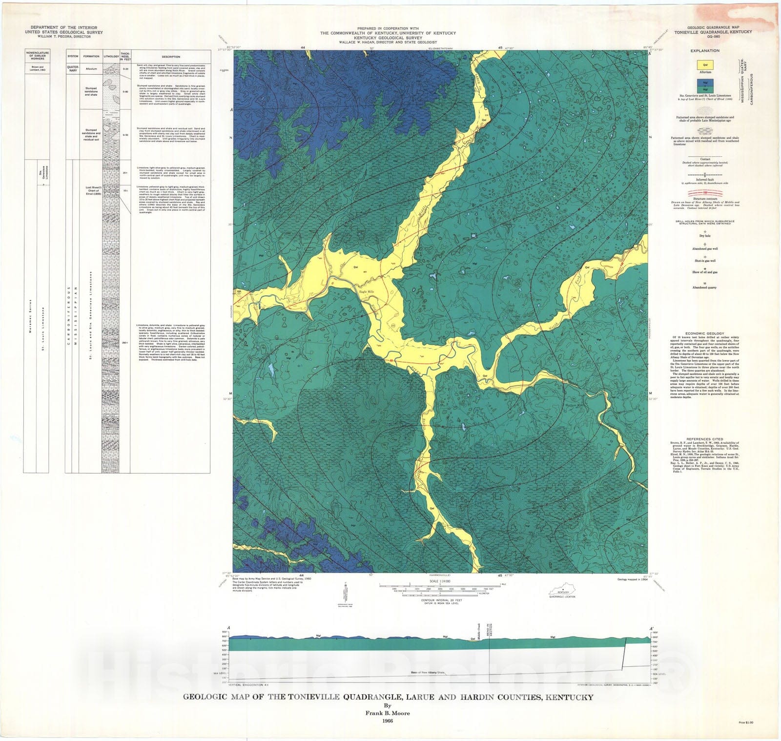 Map : Geologic map of the Tonieville quadrangle, Larue and Hardin Counties, Kentucky, 1966 Cartography Wall Art :