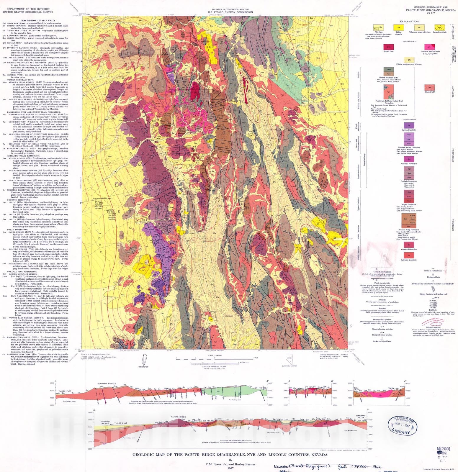 Map : Geologic map of the Paiute Ridge quadrangle, Nye and Lincoln Counties, Nevada, 1967 Cartography Wall Art :