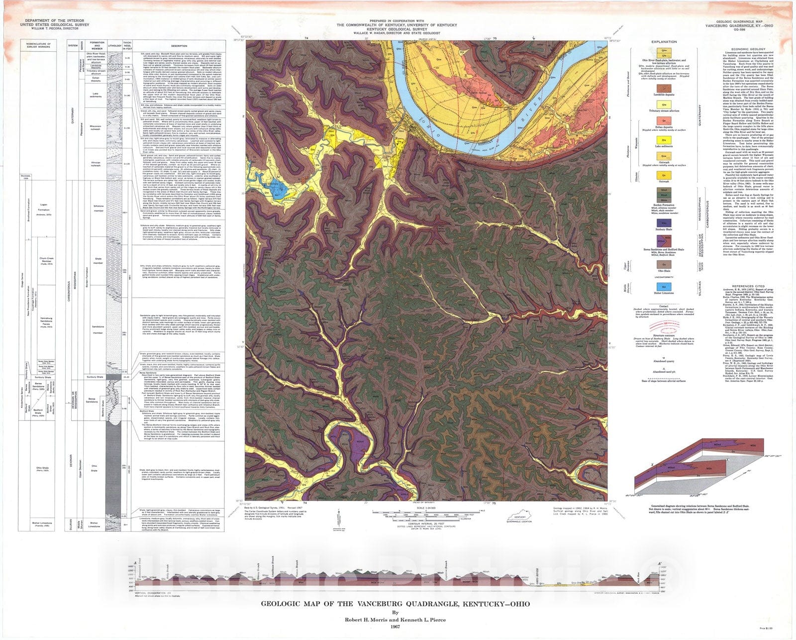 Map : Geologic map of the Vanceburg quadrangle, Kentucky-Ohio, 1967 Cartography Wall Art :