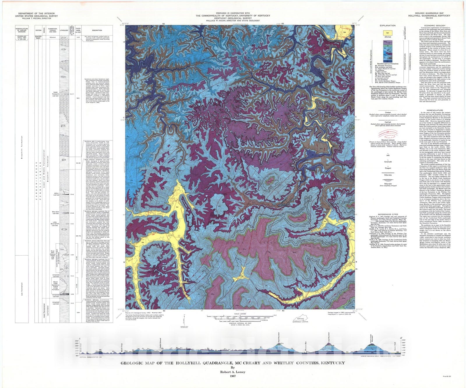 Map : Geologic map of the Hollyhill quadrangle, McCreary and Whitley Counties, Kentucky, 1967 Cartography Wall Art :