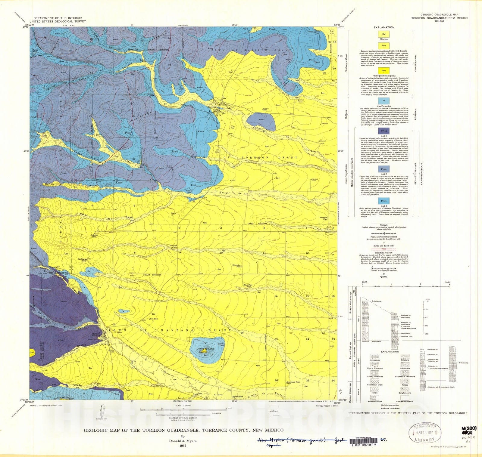 Map : Geologic map of the Torreon quadrangle, Torrance County, New Mexico, 1967 Cartography Wall Art :