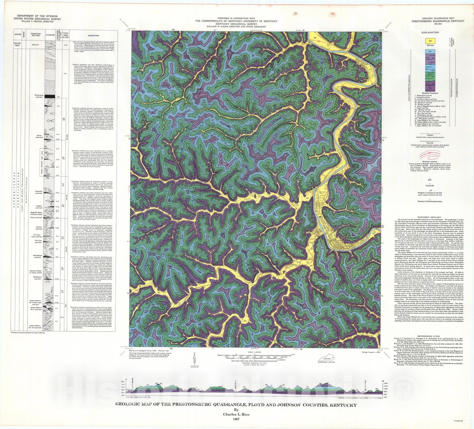Map : Geologic map of the Prestonsburg quadrangle, Floyd and Johnson Counties, Kentucky, 1967 Cartography Wall Art :