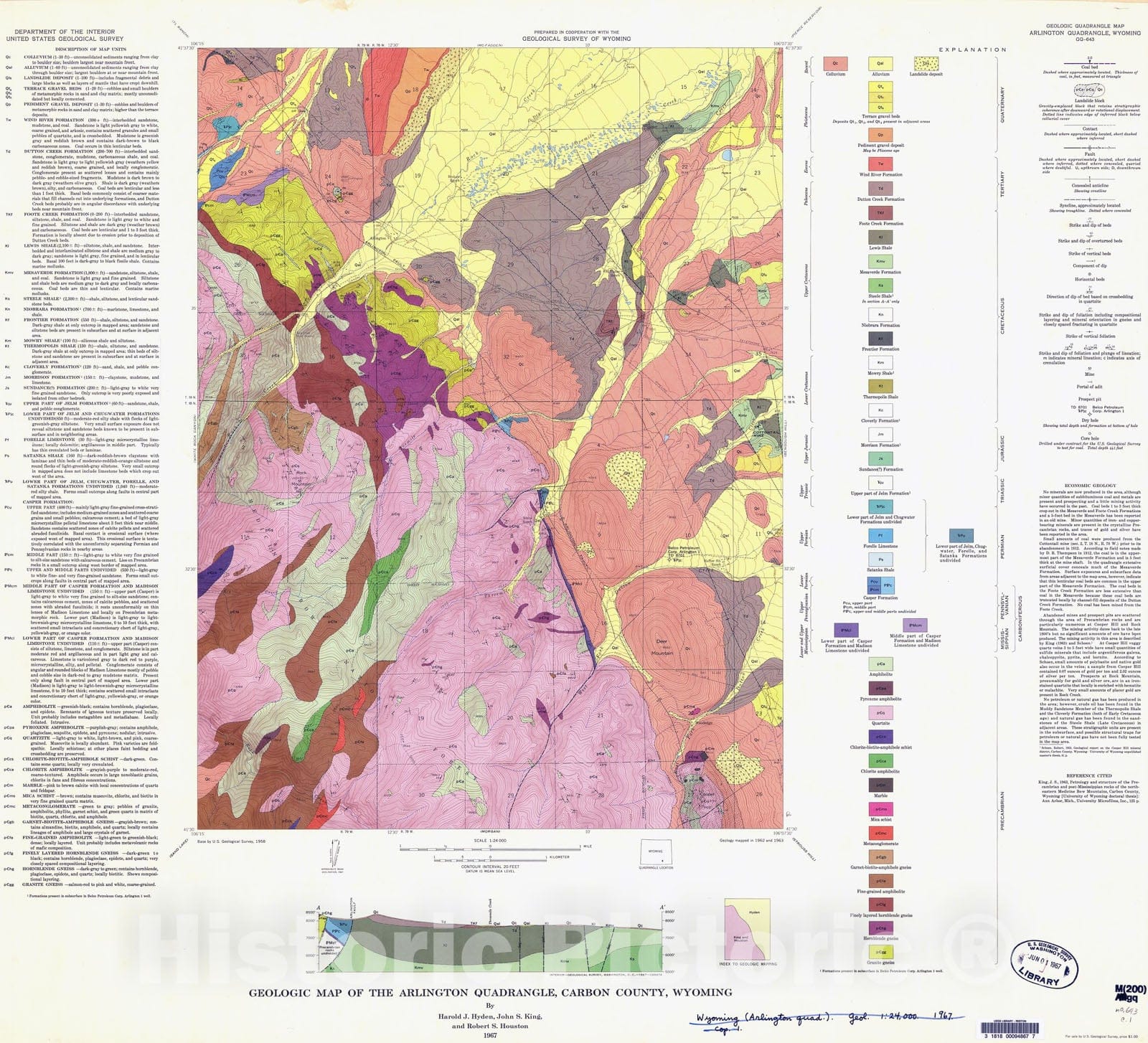 Map : Geologic map of the Arlington quadrangle, Carbon County, Wyoming, 1967 Cartography Wall Art :