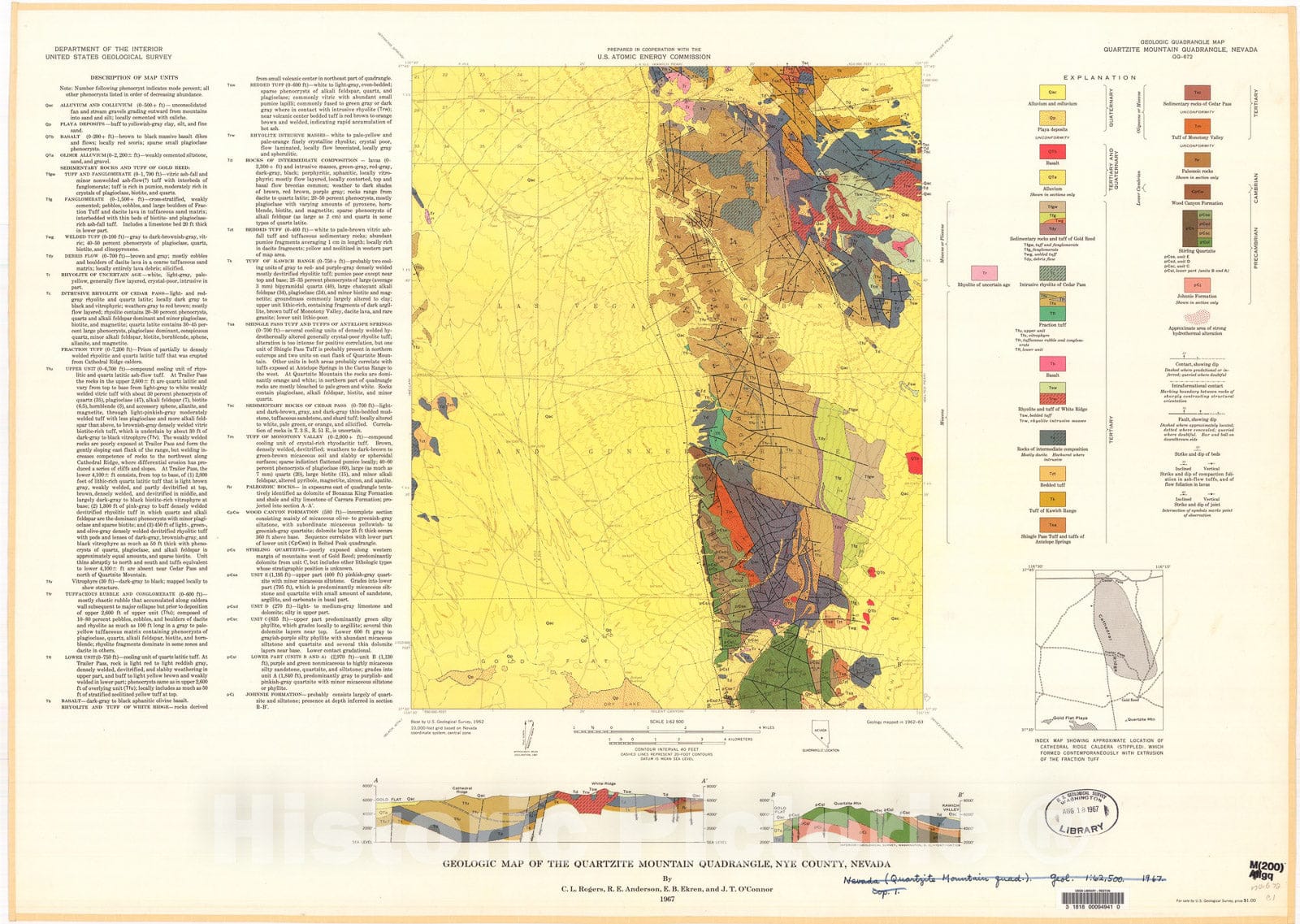 Map : Geologic map of the Quartzite Mountain quadrangle, Nye County, Nevada, 1967 Cartography Wall Art :