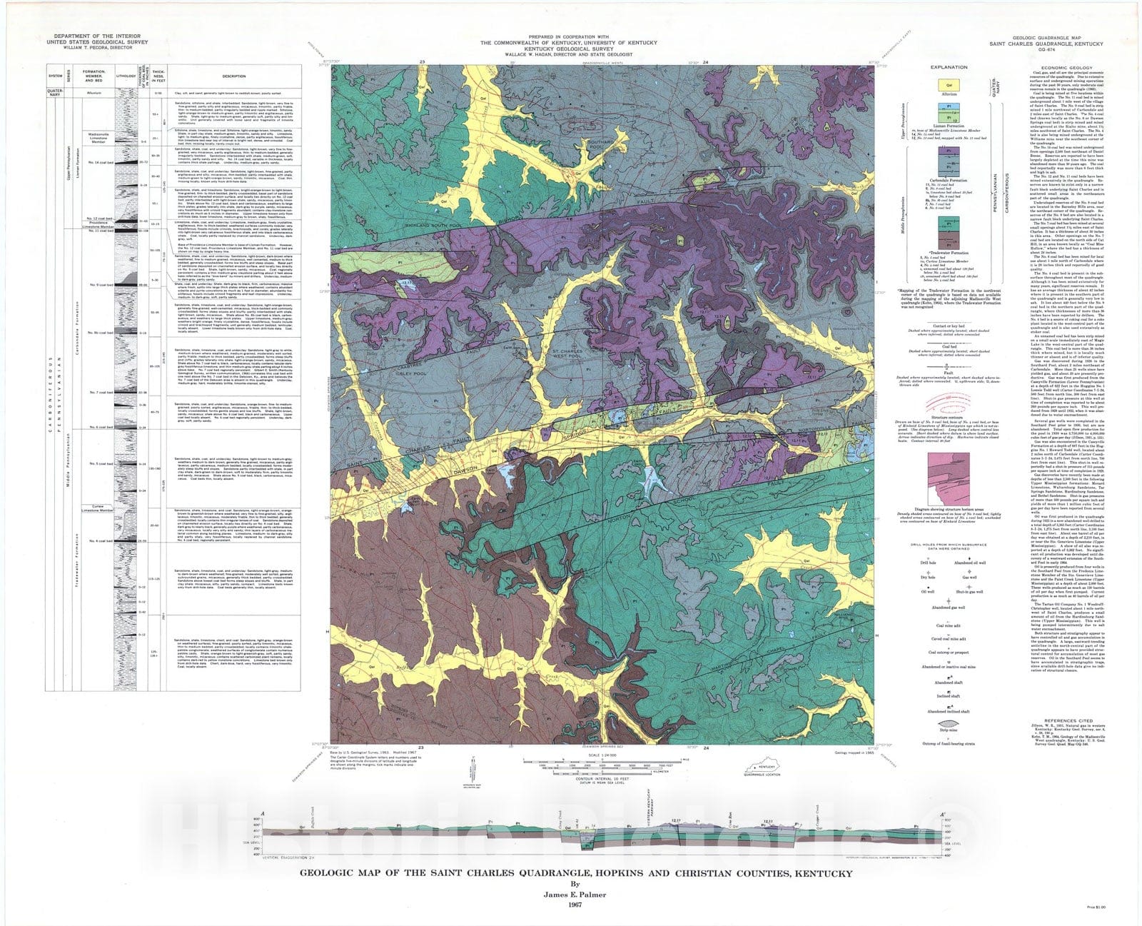 Map : Geologic map of the Saint Charles quadrangle, Hopkins and Christian Counties, Kentucky, 1967 Cartography Wall Art :