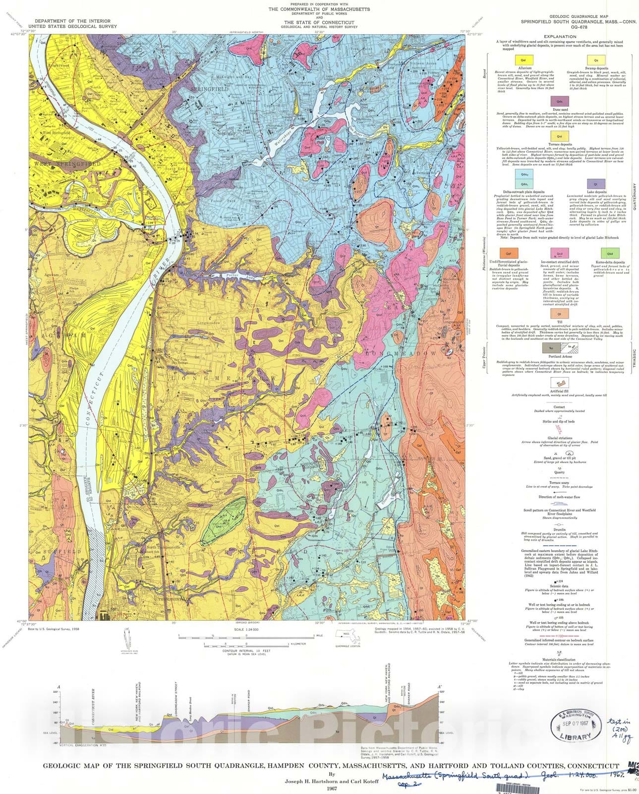 Map : Geologic map of the Springfield South quadrangle, Hampden County, Massachusetts, and Hartford and Tolland Counties, Connecticut, 1967 Cartography Wall Art :