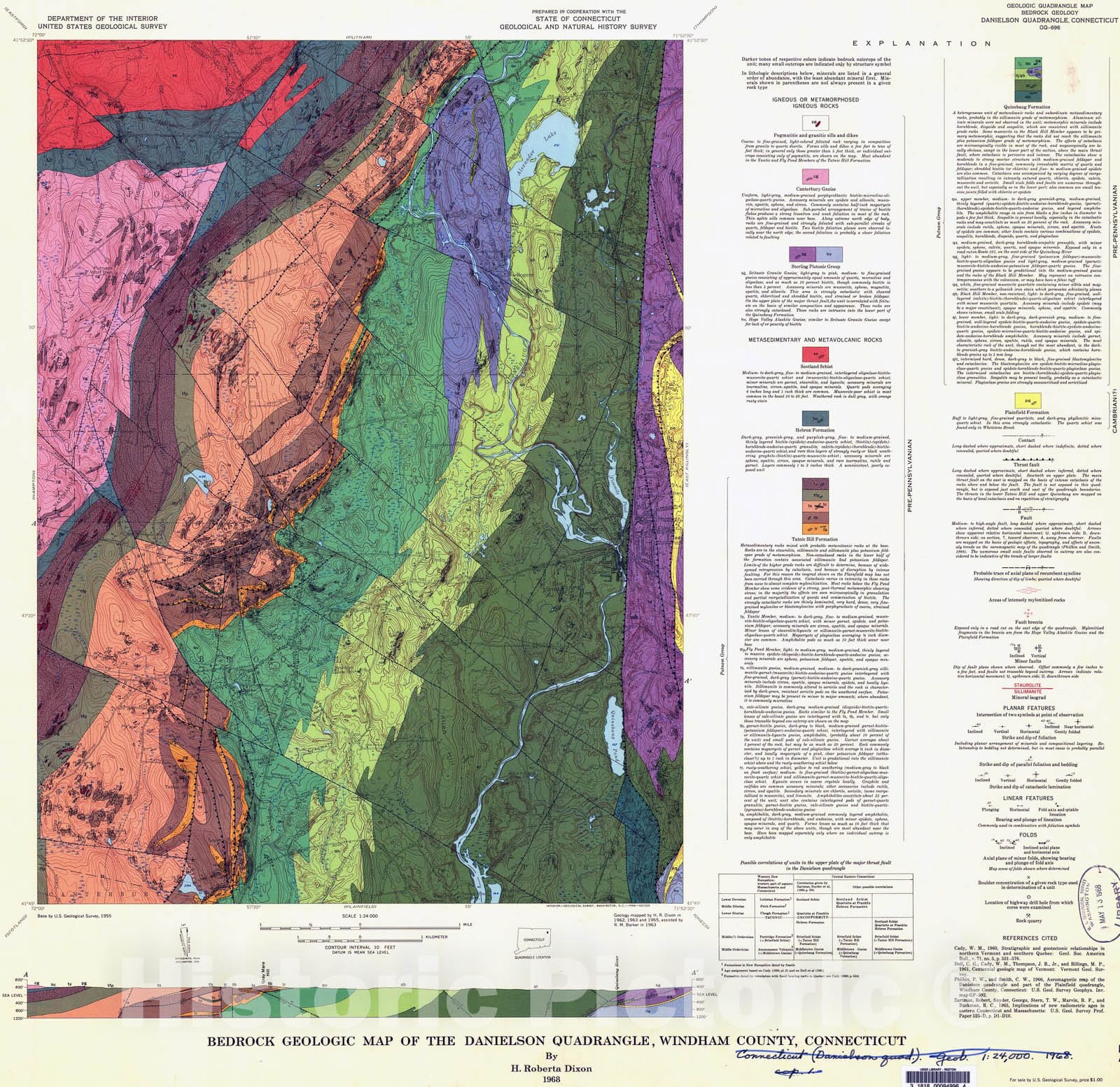 Map : Bedrock geologic map of the Danielson quadrangle, Windham County, Connecticut, 1968 Cartography Wall Art :