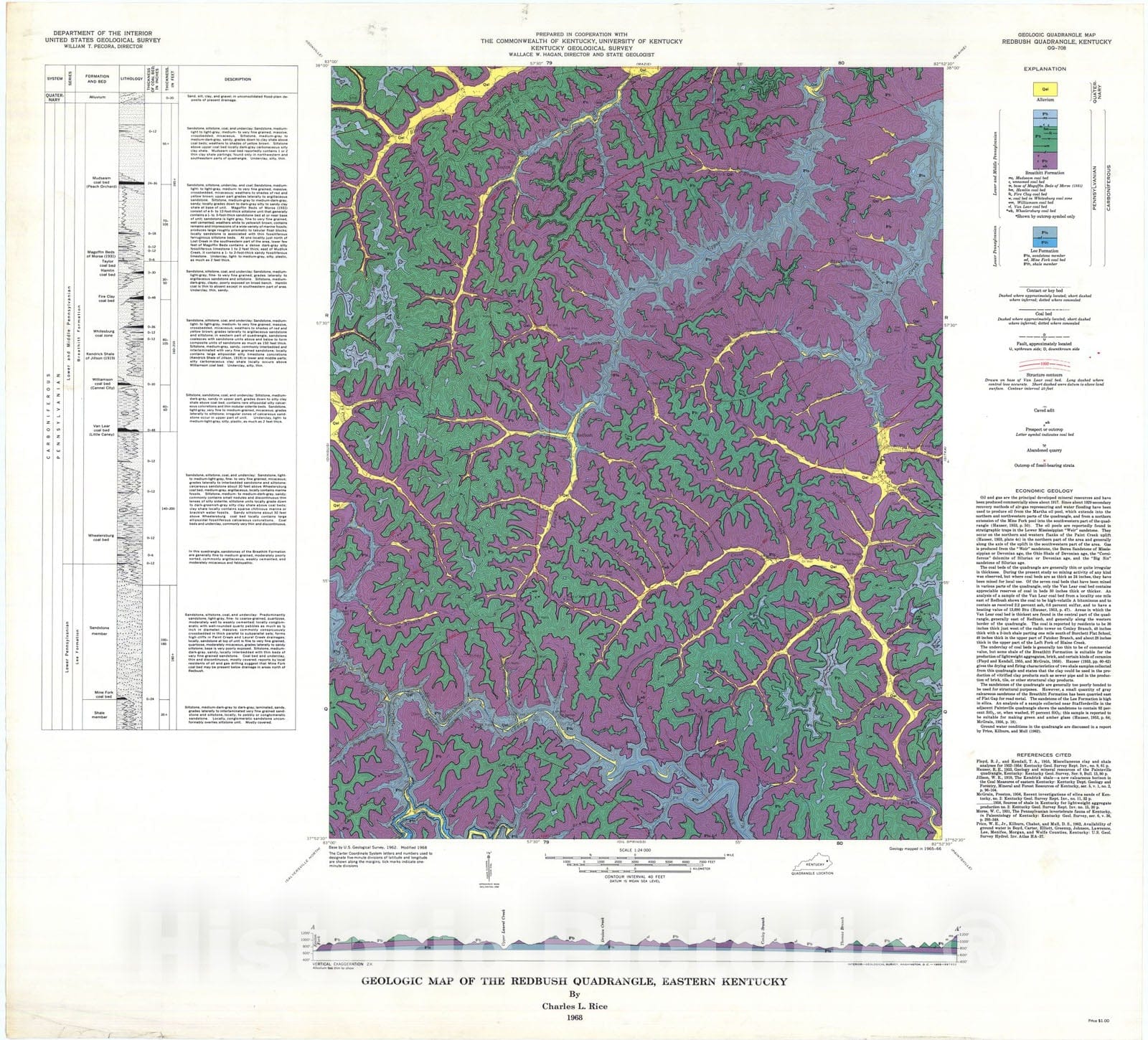 Map : Geologic map of the Redbush quadrangle, eastern Kentucky, 1968 Cartography Wall Art :