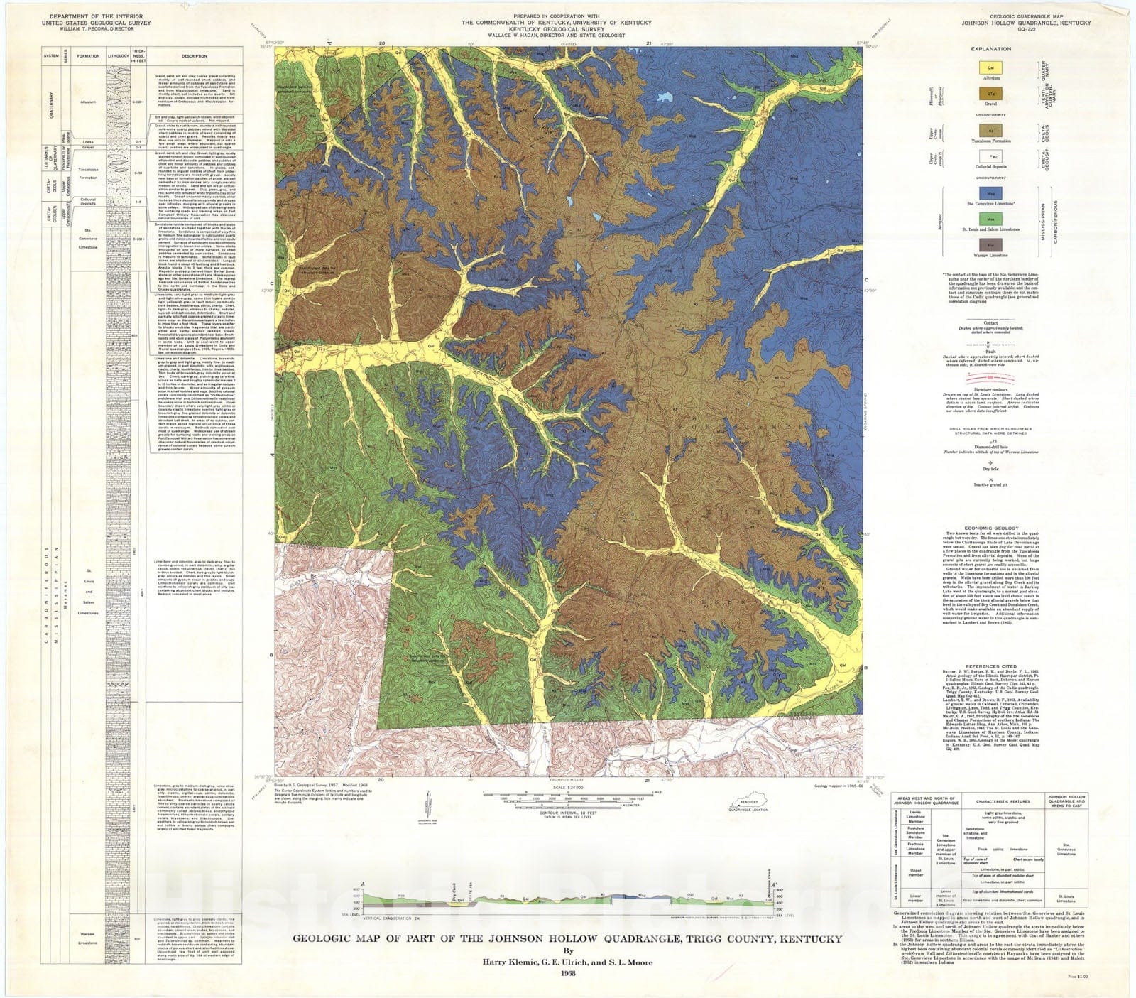 Map : Geologic map of part of the Johnson Hollow quadrangle, Trigg County, Kentucky, 1968 Cartography Wall Art :