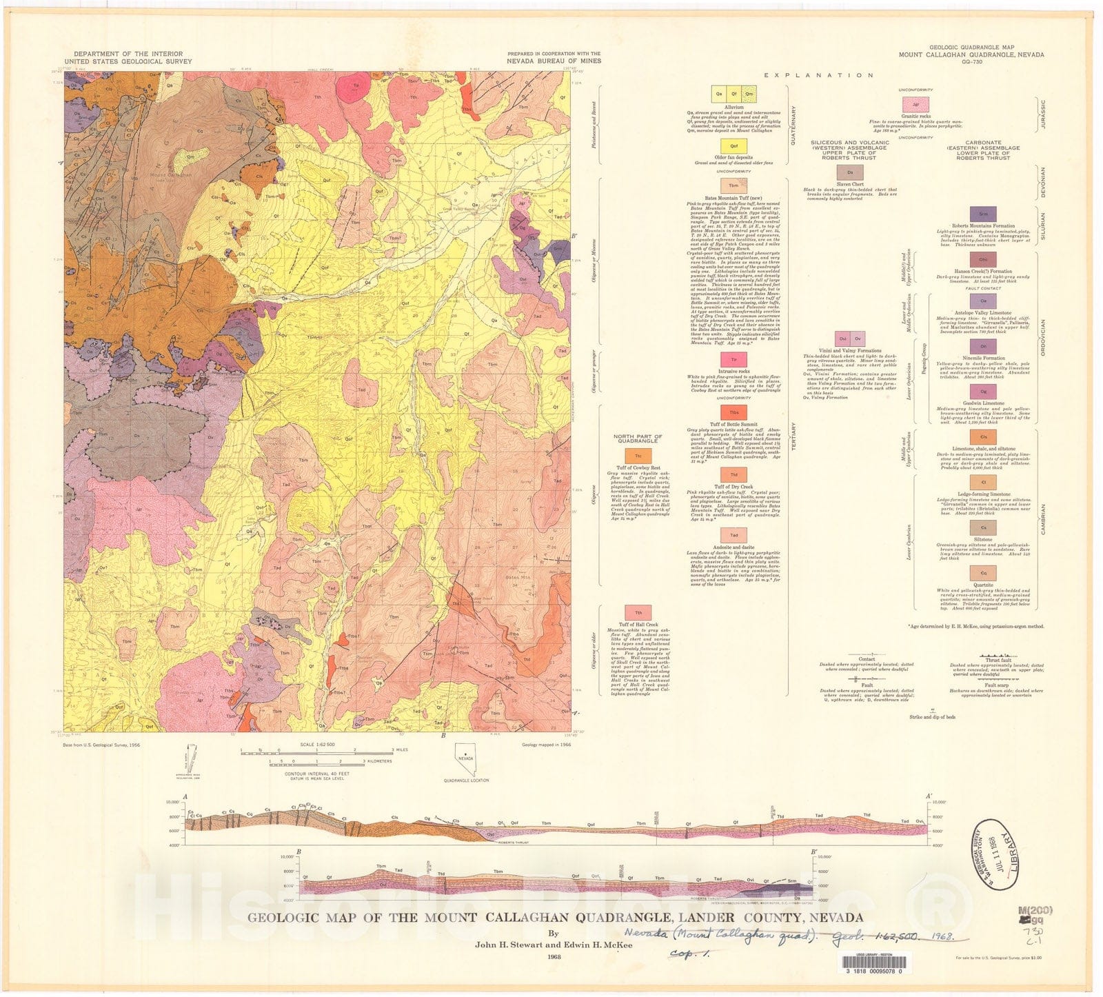 Map : Geologic map of the Mount Callaghan quadrangle, Lander County, Nevada, 1968 Cartography Wall Art :