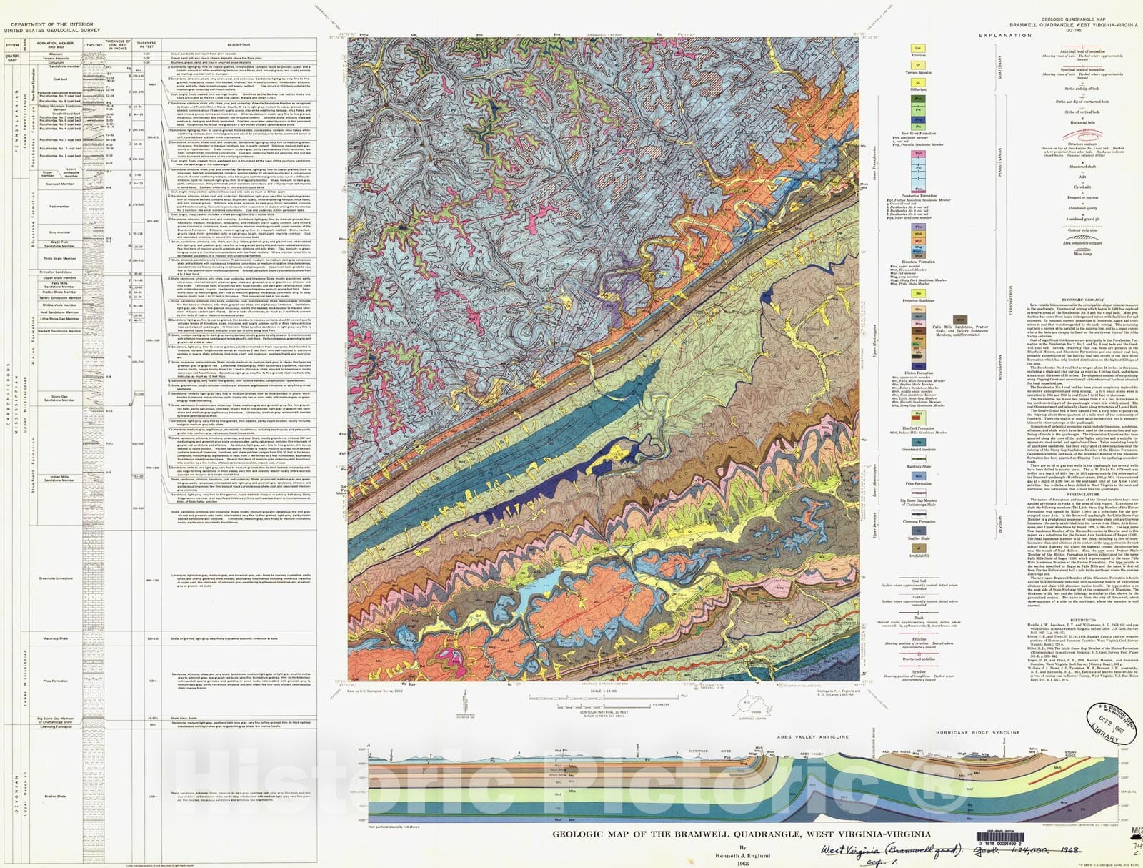 Map : Geologic map of the Bramwell quadrangle, West Virginia-Virginia, 1968 Cartography Wall Art :