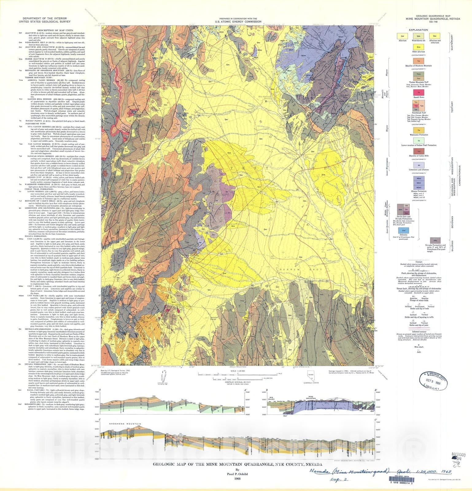 Map : Geologic map of the Mine Mountain quadrangle, Nye County, Nevada, 1968 Cartography Wall Art :