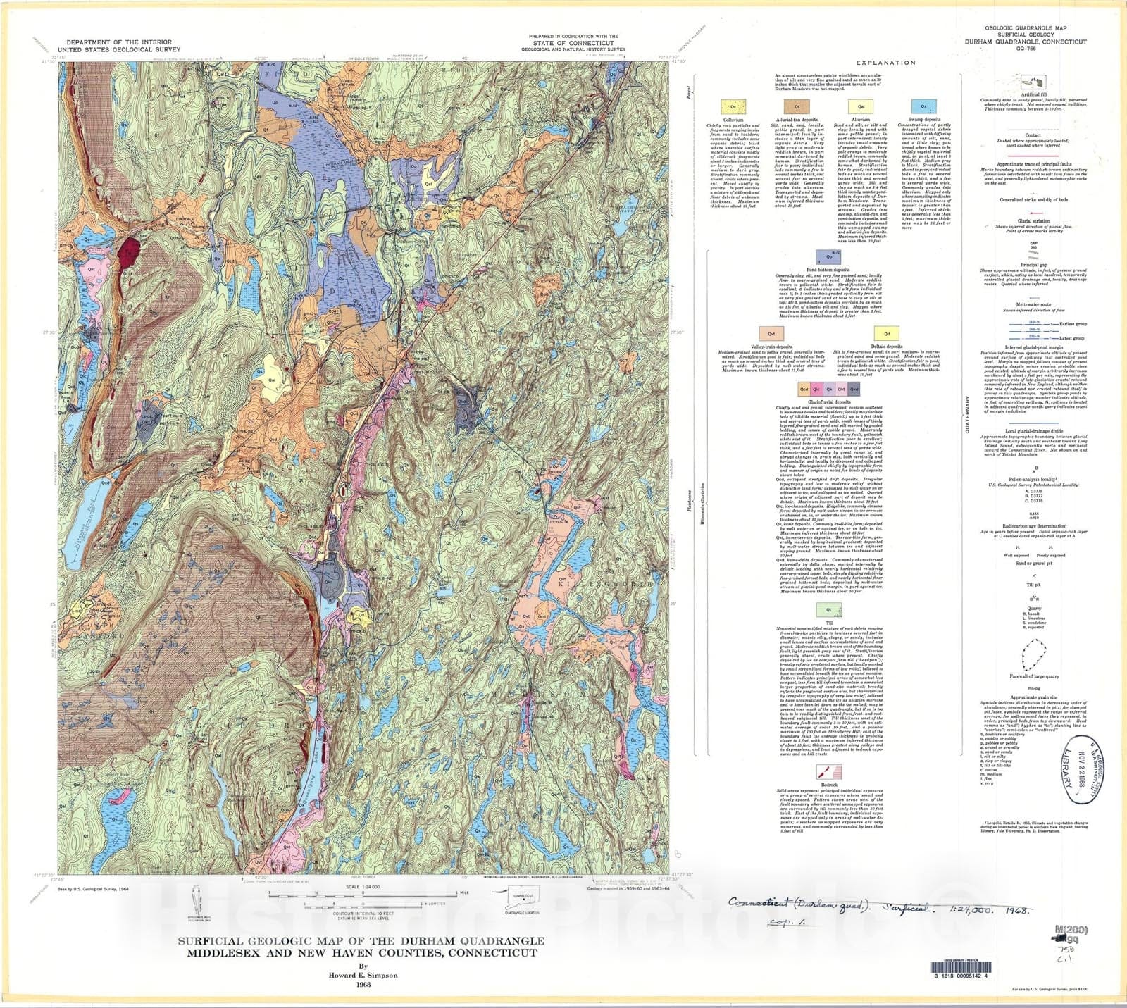 Map : Surficial geologic map of the Durham quadrangle, Middlesex and New Haven Counties, Connecticut, 1968 Cartography Wall Art :