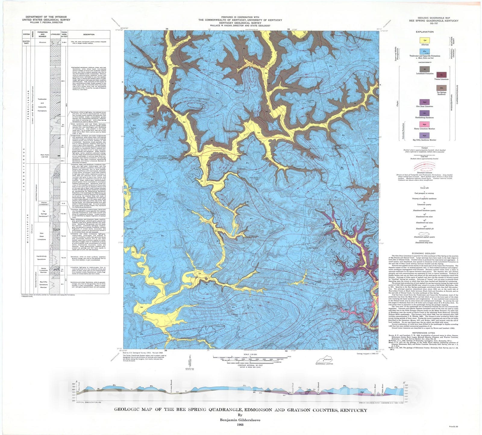 Map : Geologic map of the Bee Spring quadrangle, Edmonson and Grayson Counties, Kentucky, 1968 Cartography Wall Art :