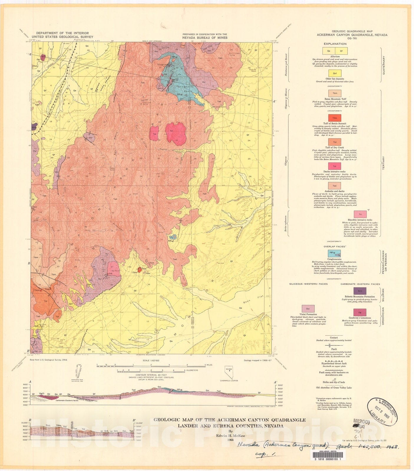 Map : Geologic map of the Ackerman Canyon quadrangle, Lander and Eureka Counties, Nevada, 1968 Cartography Wall Art :