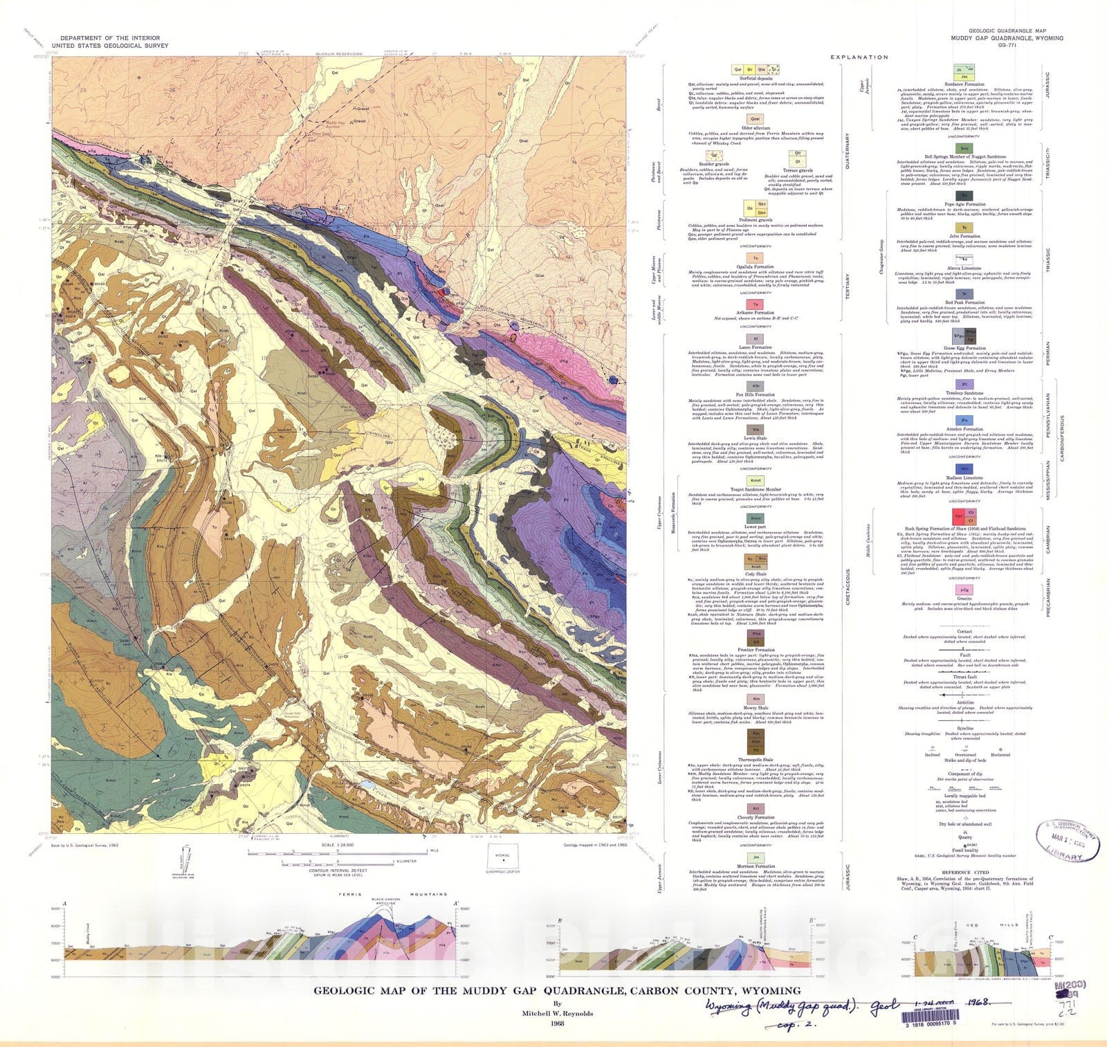 Map : Geologic map of the Muddy Gap quadrangle, Carbon County, Wyoming, 1968 Cartography Wall Art :