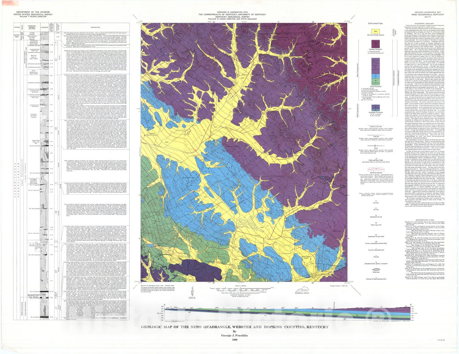 Map : Geologic map of the Nebo quadrangle, Webster and Hopkins Counties, Kentucky, 1969 Cartography Wall Art :