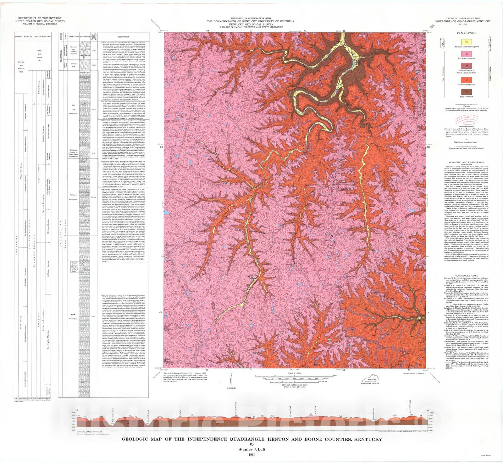 Map : Geologic map of the Independence quadrangle, Kenton and Boone Counties, Kentucky, 1969 Cartography Wall Art :