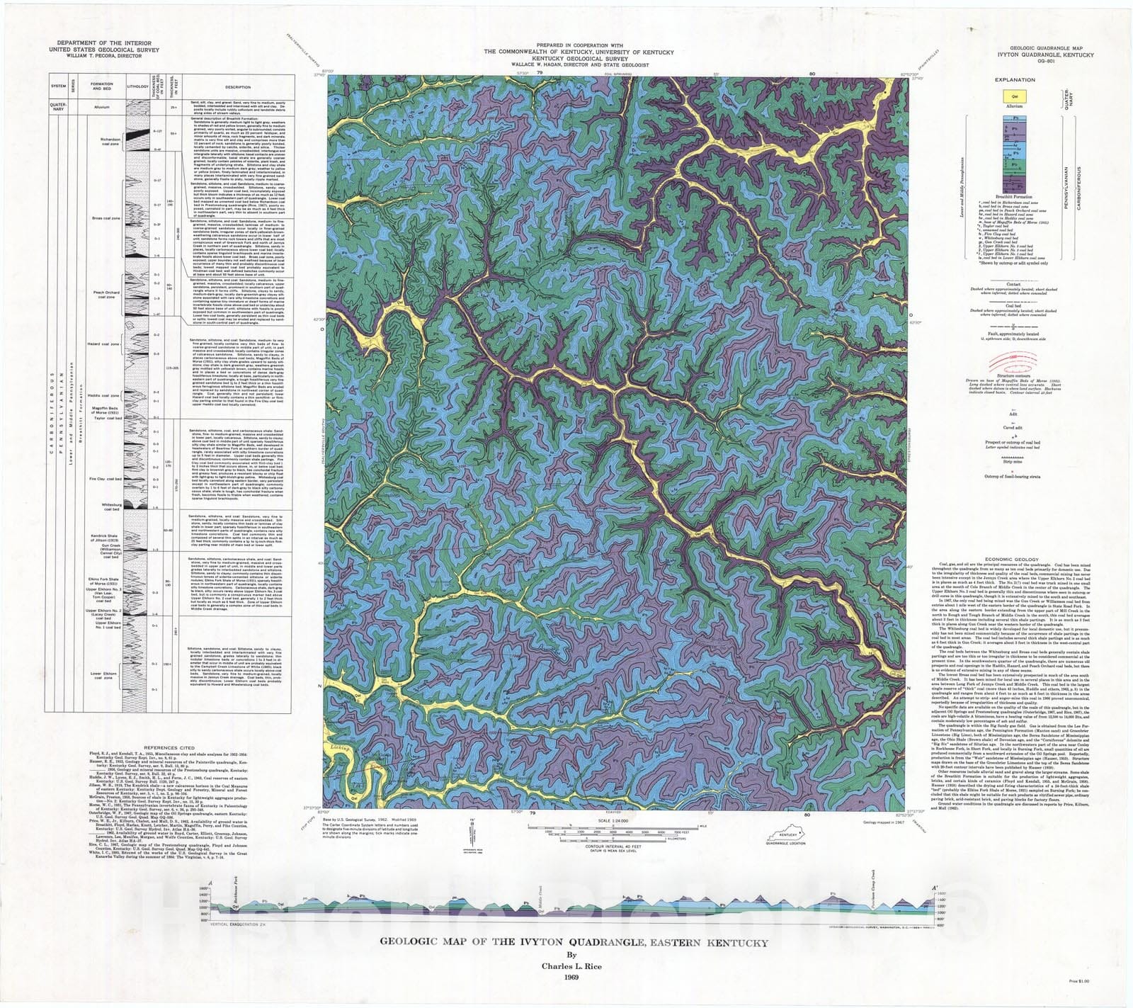 Map : Geologic map of the Ivyton quadrangle, eastern Kentucky, 1969 Cartography Wall Art :