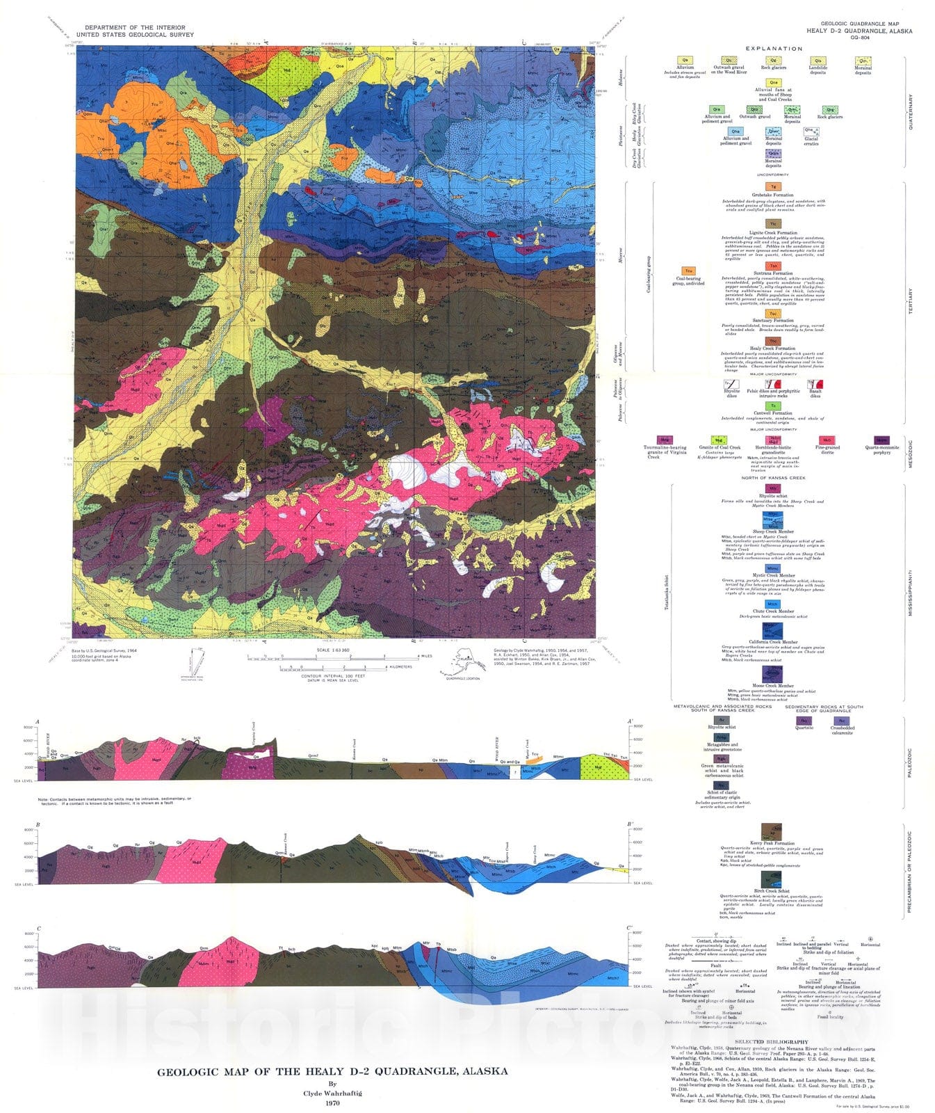 Map : Geologic map of the Healy D-2 quadrangle, Alaska, 1970 Cartography Wall Art :