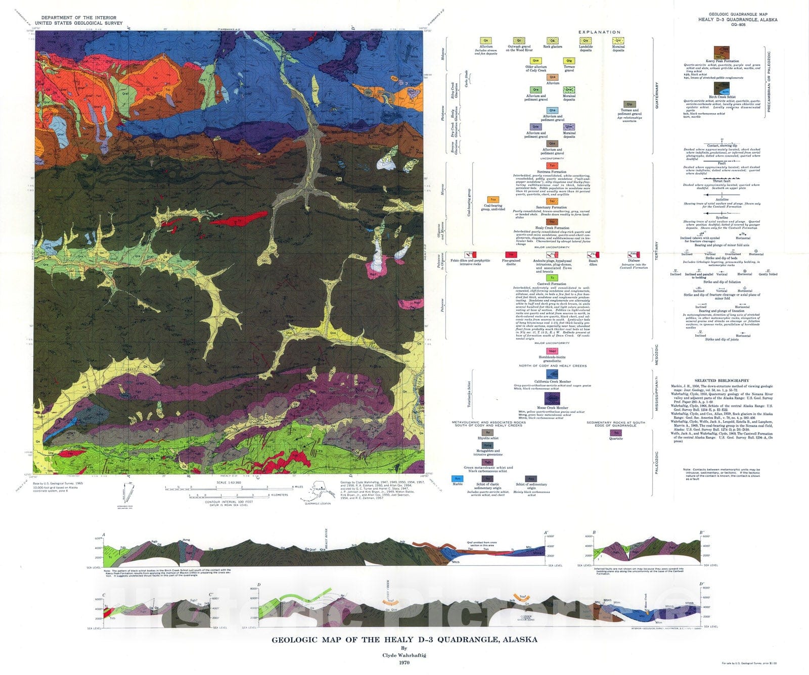 Map : Geologic map of the Healy D-3 quadrangle, Alaska, 1970 Cartography Wall Art :
