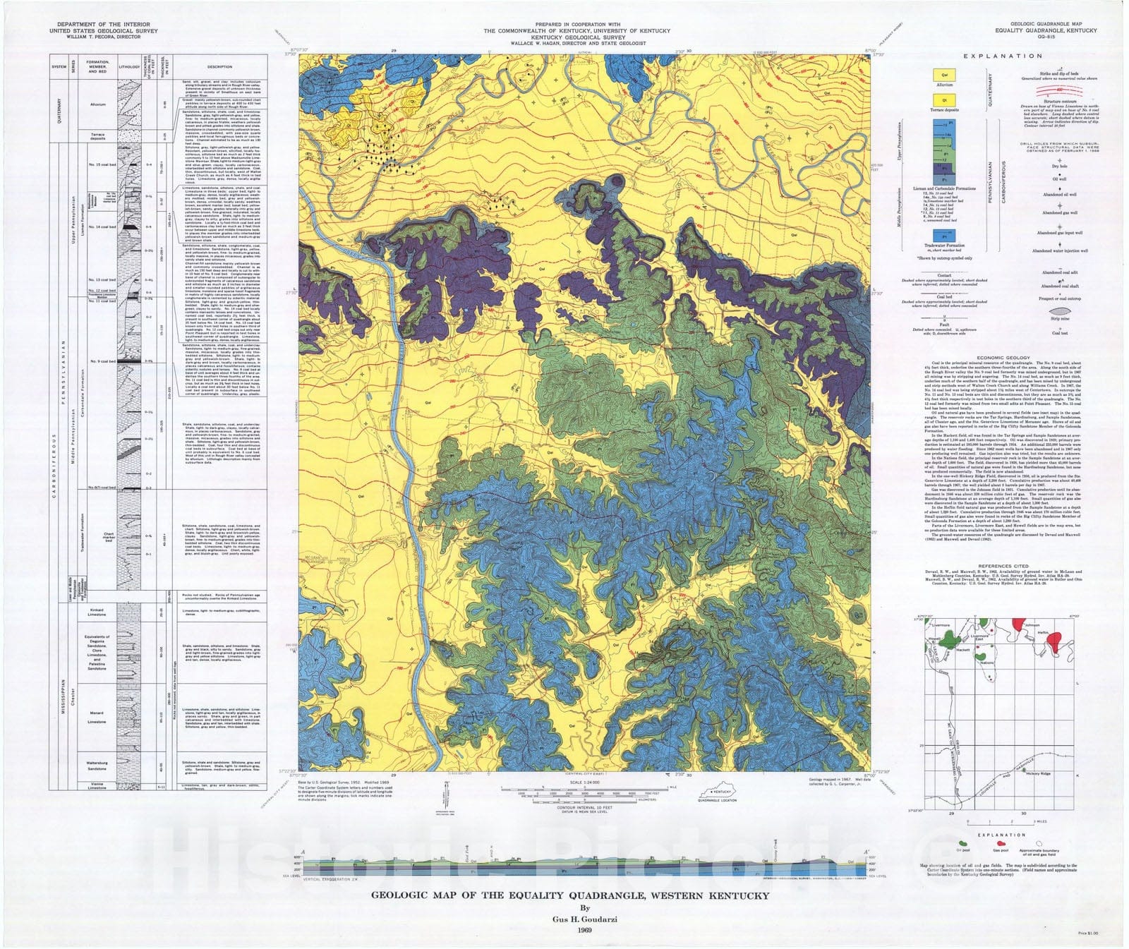Map : Geologic map of the Equality quadrangle, western Kentucky, 1969 Cartography Wall Art :