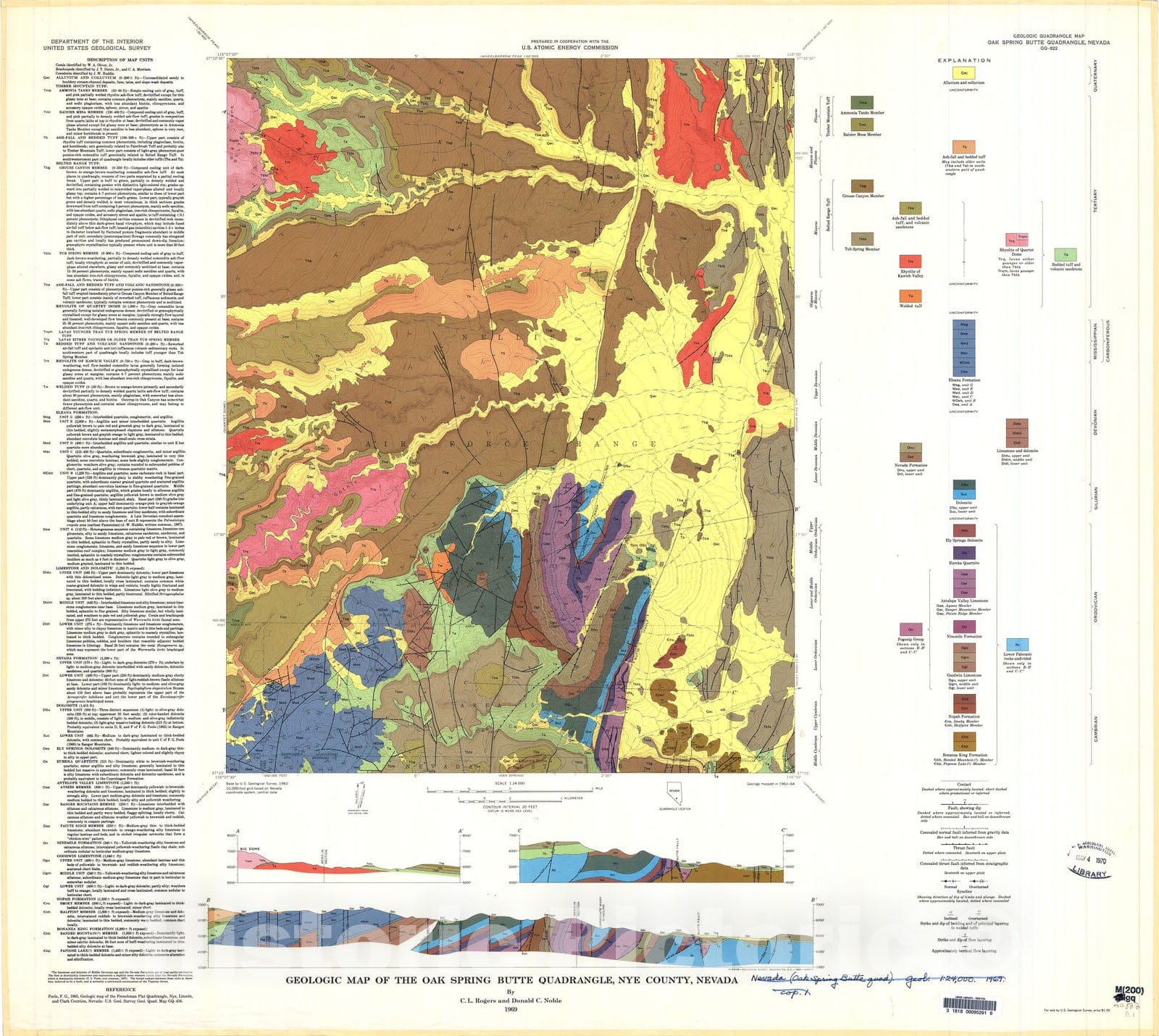 Map : Geologic map of the Oak Spring Butte quadrangle, Nye County, Nevada, 1969 Cartography Wall Art :