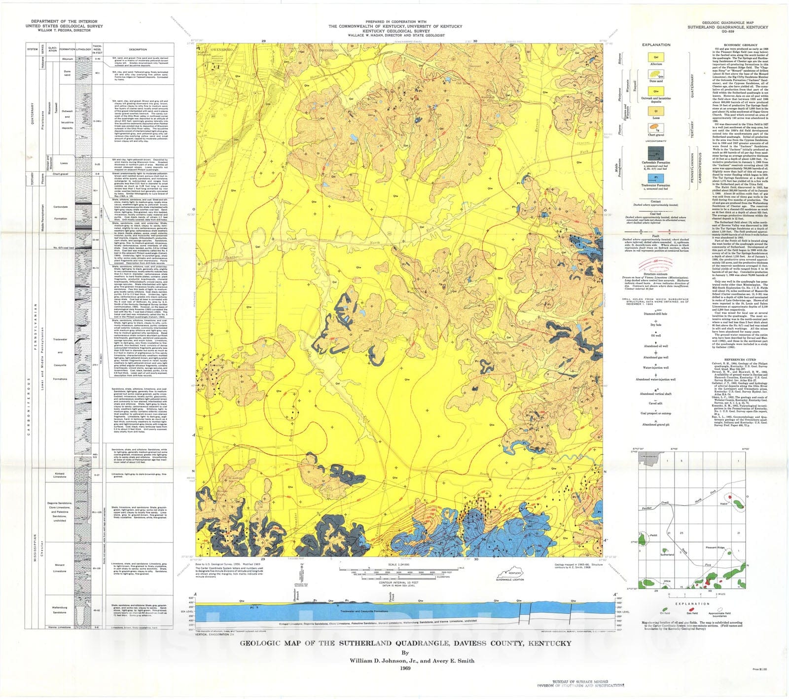 Map : Geologic map of the Sutherland quadrangle, Daviess County, Kentucky, 1969 Cartography Wall Art :
