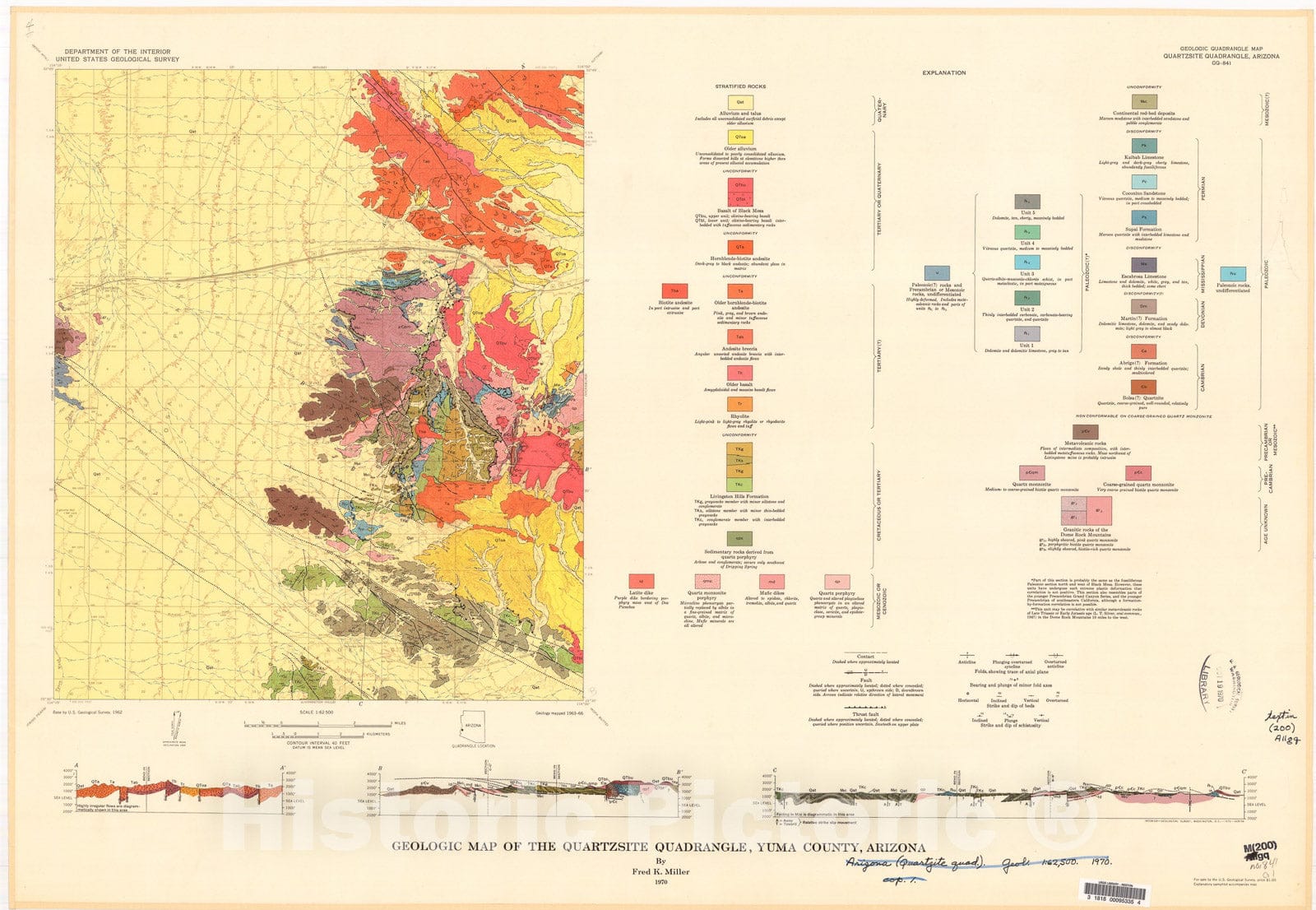 Map : Geologic map of the Quartzsite quadrangle, Yuma County, Arizona, 1970 Cartography Wall Art :