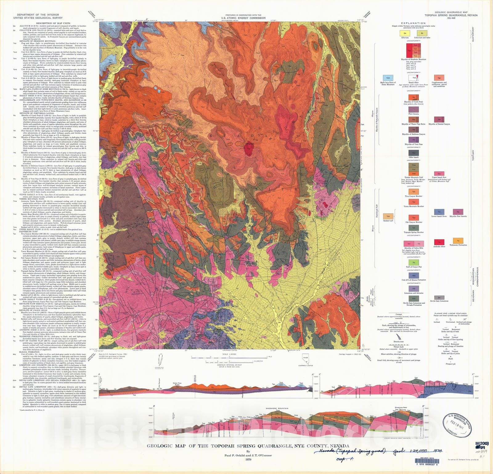 Map : Geologic map of the Topopah Spring quadrangle, Nye County, Nevada, 1970 Cartography Wall Art :